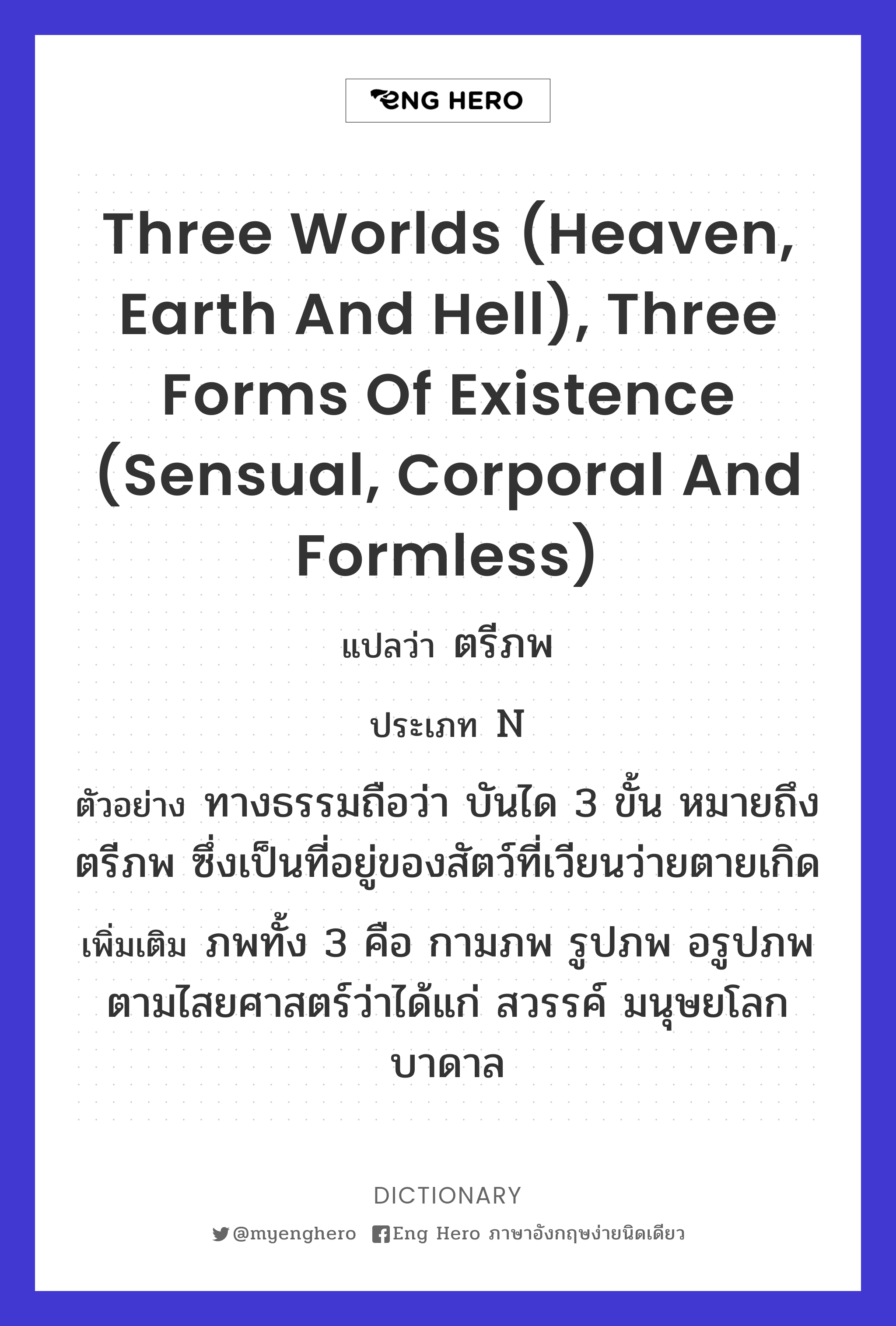 three worlds (heaven, earth and hell), three forms of existence (sensual, corporal and formless)
