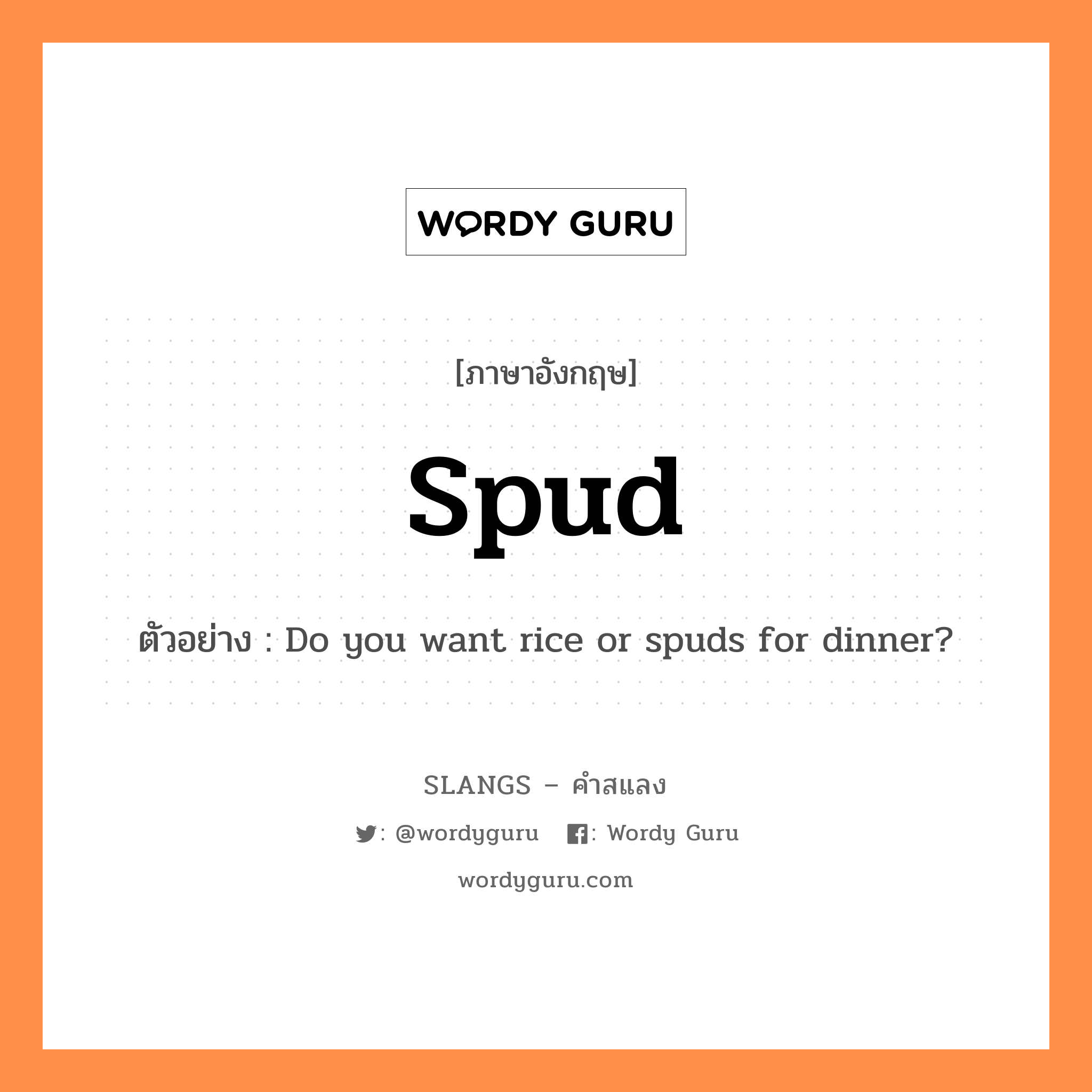 spud แปลว่า?, คำสแลงภาษาอังกฤษ spud ตัวอย่าง Do you want rice or spuds for dinner?