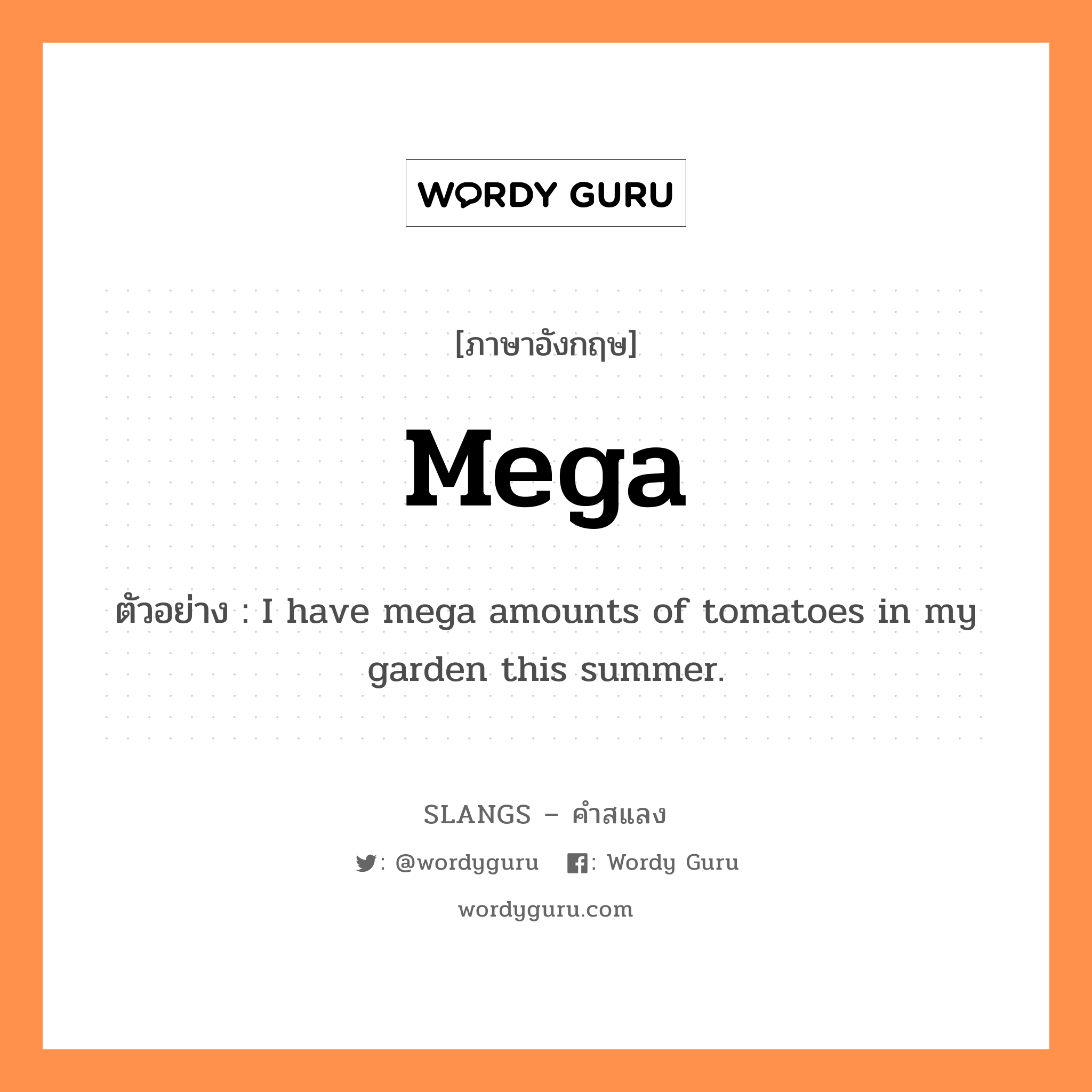 mega แปลว่า?, คำสแลงภาษาอังกฤษ mega ตัวอย่าง I have mega amounts of tomatoes in my garden this summer.