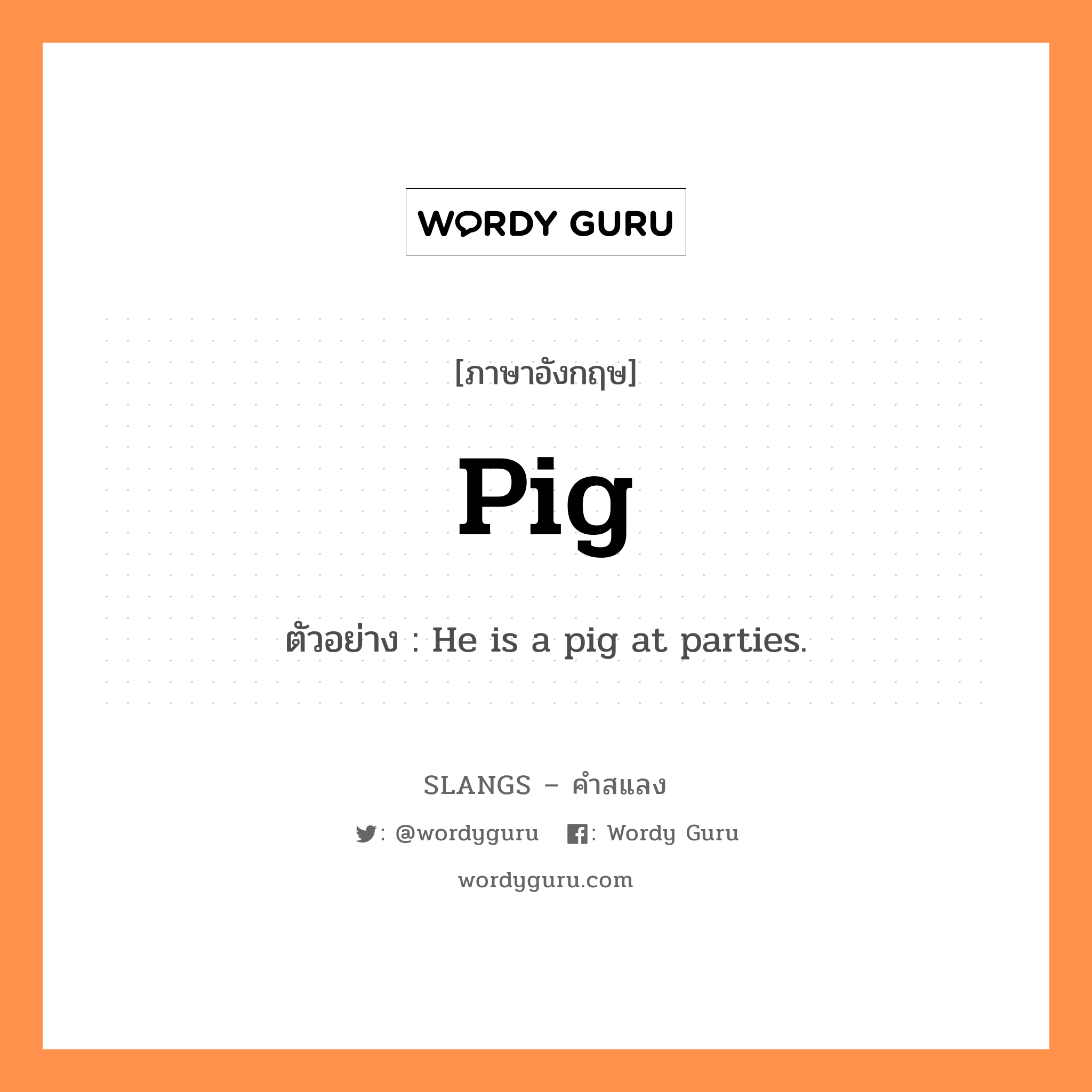 pig แปลว่า?, คำสแลงภาษาอังกฤษ pig ตัวอย่าง He is a pig at parties.