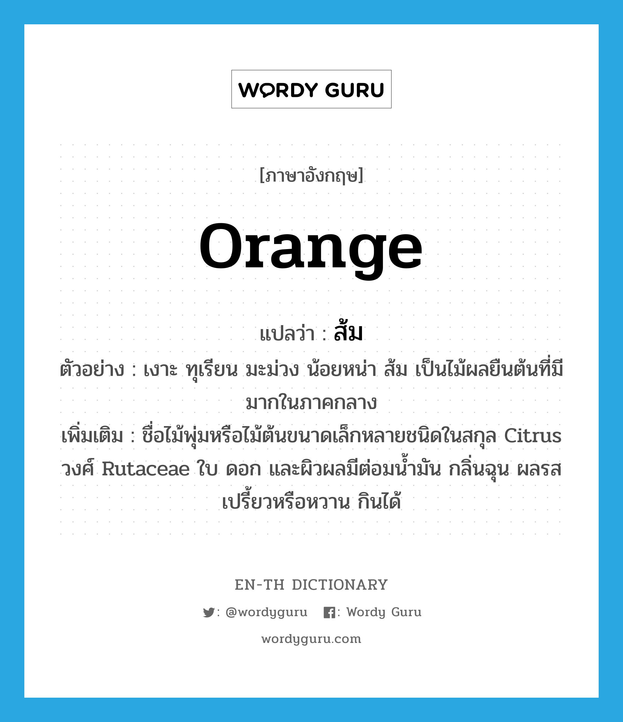 orange แปลว่า?, คำศัพท์ภาษาอังกฤษ orange แปลว่า ส้ม ประเภท N ตัวอย่าง เงาะ ทุเรียน มะม่วง น้อยหน่า ส้ม เป็นไม้ผลยืนต้นที่มีมากในภาคกลาง เพิ่มเติม ชื่อไม้พุ่มหรือไม้ต้นขนาดเล็กหลายชนิดในสกุล Citrus วงศ์ Rutaceae ใบ ดอก และผิวผลมีต่อมน้ำมัน กลิ่นฉุน ผลรสเปรี้ยวหรือหวาน กินได้ หมวด N