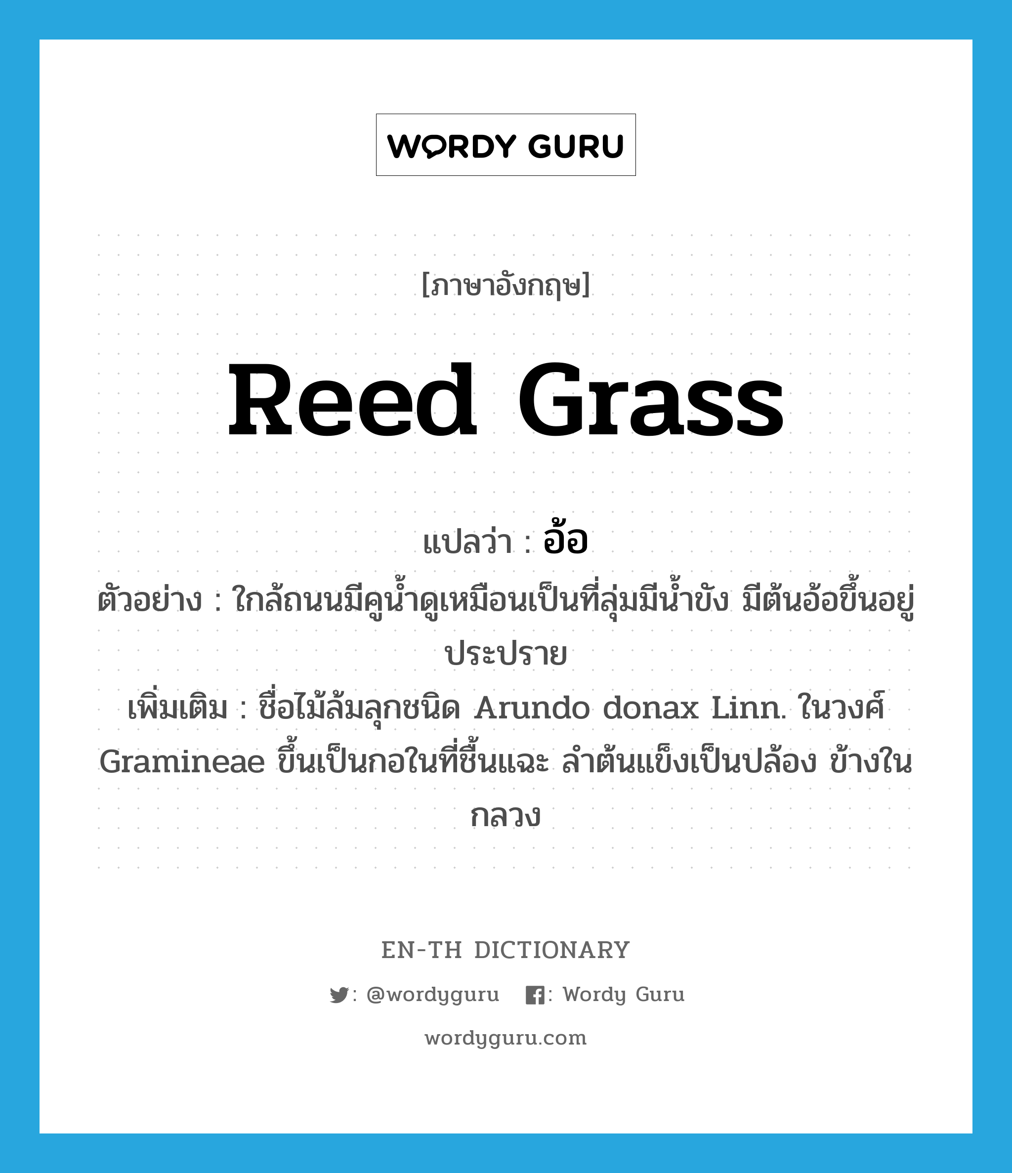 อ้อ ภาษาอังกฤษ?, คำศัพท์ภาษาอังกฤษ อ้อ แปลว่า reed grass ประเภท N ตัวอย่าง ใกล้ถนนมีคูน้ำดูเหมือนเป็นที่ลุ่มมีน้ำขัง มีต้นอ้อขึ้นอยู่ประปราย เพิ่มเติม ชื่อไม้ล้มลุกชนิด Arundo donax Linn. ในวงศ์ Gramineae ขึ้นเป็นกอในที่ชื้นแฉะ ลำต้นแข็งเป็นปล้อง ข้างในกลวง หมวด N