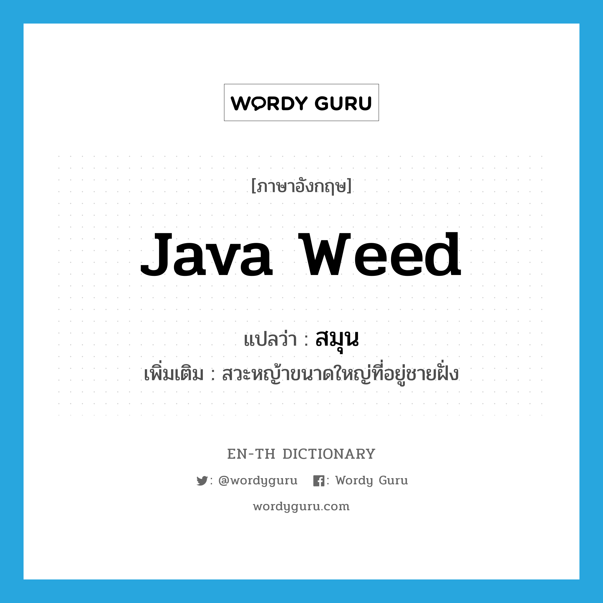 Java weed แปลว่า?, คำศัพท์ภาษาอังกฤษ Java weed แปลว่า สมุน ประเภท N เพิ่มเติม สวะหญ้าขนาดใหญ่ที่อยู่ชายฝั่ง หมวด N