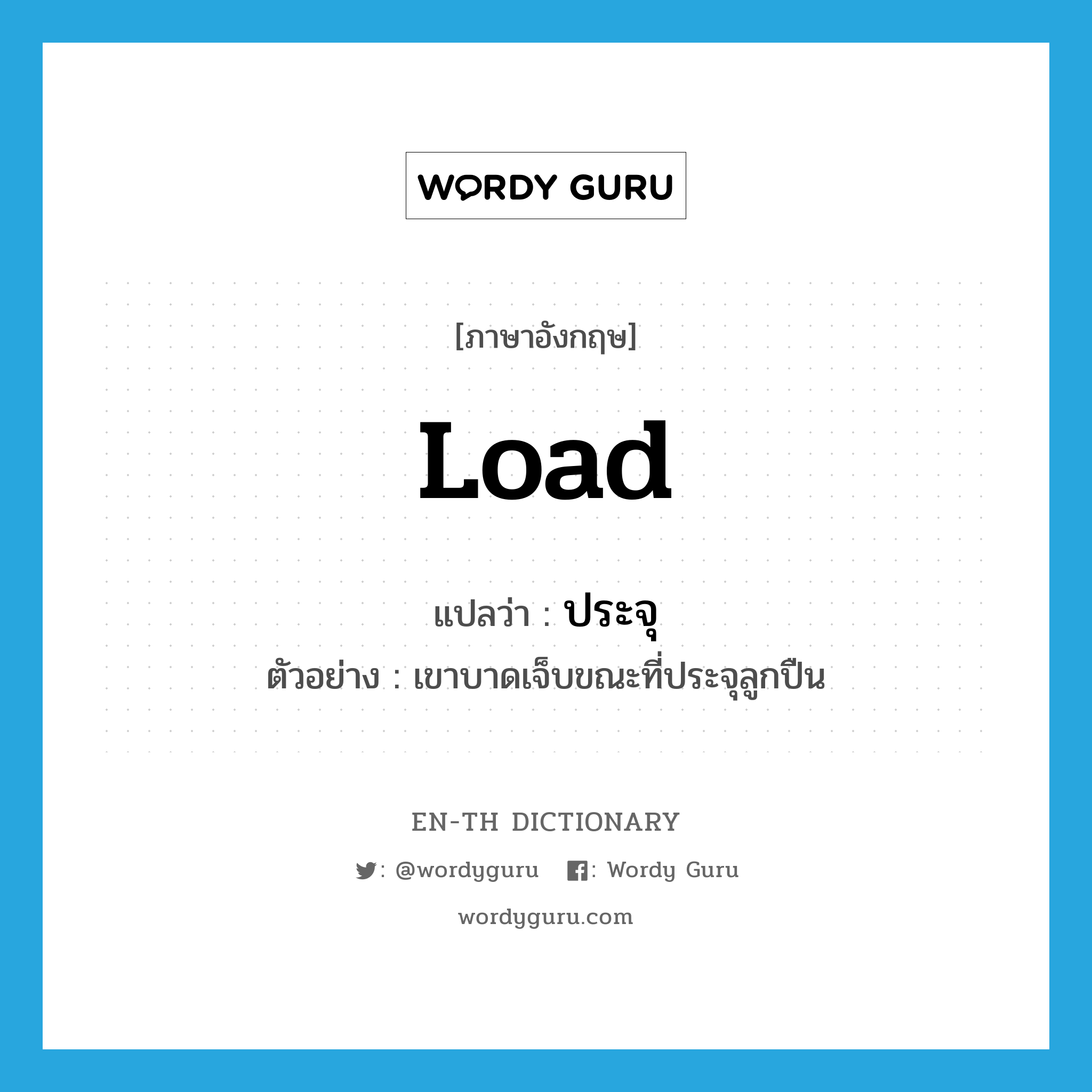 load แปลว่า?, คำศัพท์ภาษาอังกฤษ load แปลว่า ประจุ ประเภท V ตัวอย่าง เขาบาดเจ็บขณะที่ประจุลูกปืน หมวด V