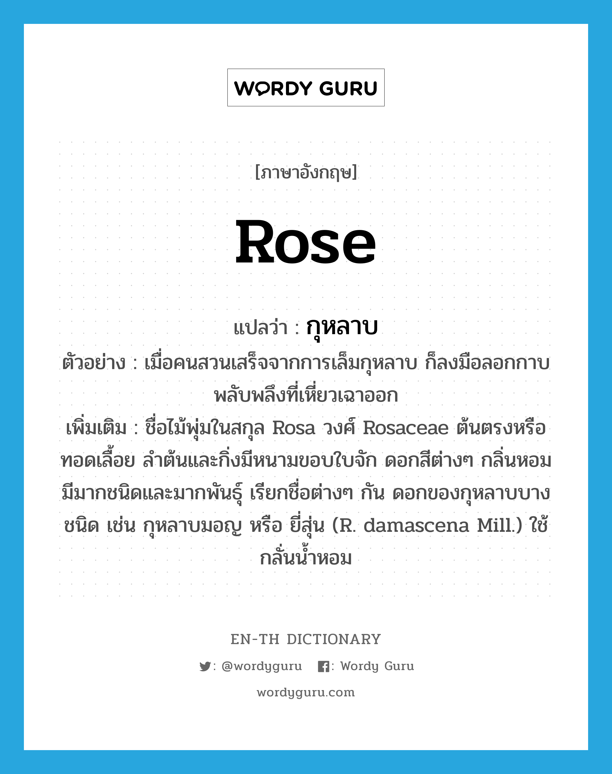 กุหลาบ ภาษาอังกฤษ?, คำศัพท์ภาษาอังกฤษ กุหลาบ แปลว่า rose ประเภท N ตัวอย่าง เมื่อคนสวนเสร็จจากการเล็มกุหลาบ ก็ลงมือลอกกาบพลับพลึงที่เหี่ยวเฉาออก เพิ่มเติม ชื่อไม้พุ่มในสกุล Rosa วงศ์ Rosaceae ต้นตรงหรือทอดเลื้อย ลำต้นและกิ่งมีหนามขอบใบจัก ดอกสีต่างๆ กลิ่นหอม มีมากชนิดและมากพันธุ์ เรียกชื่อต่างๆ กัน ดอกของกุหลาบบางชนิด เช่น กุหลาบมอญ หรือ ยี่สุ่น (R. damascena Mill.) ใช้กลั่นน้ำหอม หมวด N