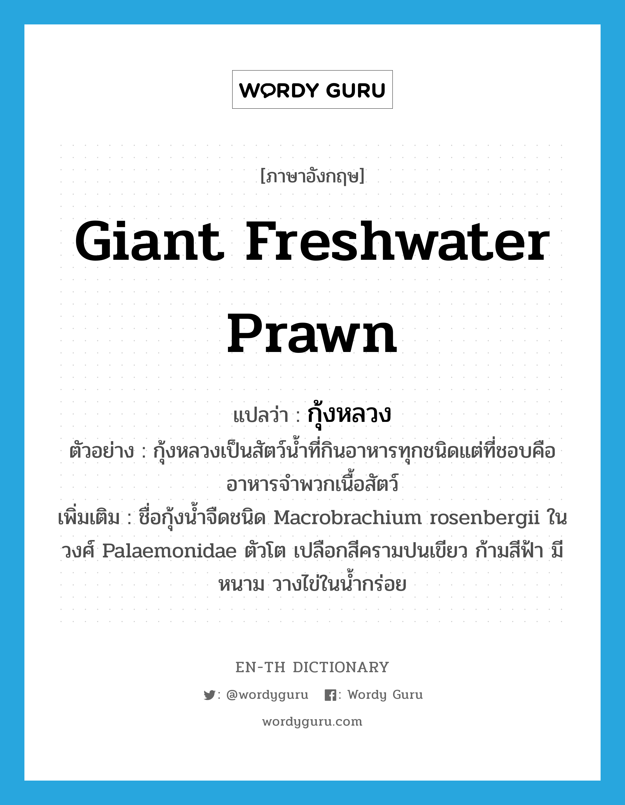 กุ้งหลวง ภาษาอังกฤษ?, คำศัพท์ภาษาอังกฤษ กุ้งหลวง แปลว่า giant freshwater prawn ประเภท N ตัวอย่าง กุ้งหลวงเป็นสัตว์น้ำที่กินอาหารทุกชนิดแต่ที่ชอบคือ อาหารจำพวกเนื้อสัตว์ เพิ่มเติม ชื่อกุ้งน้ำจืดชนิด Macrobrachium rosenbergii ในวงศ์ Palaemonidae ตัวโต เปลือกสีครามปนเขียว ก้ามสีฟ้า มีหนาม วางไข่ในน้ำกร่อย หมวด N