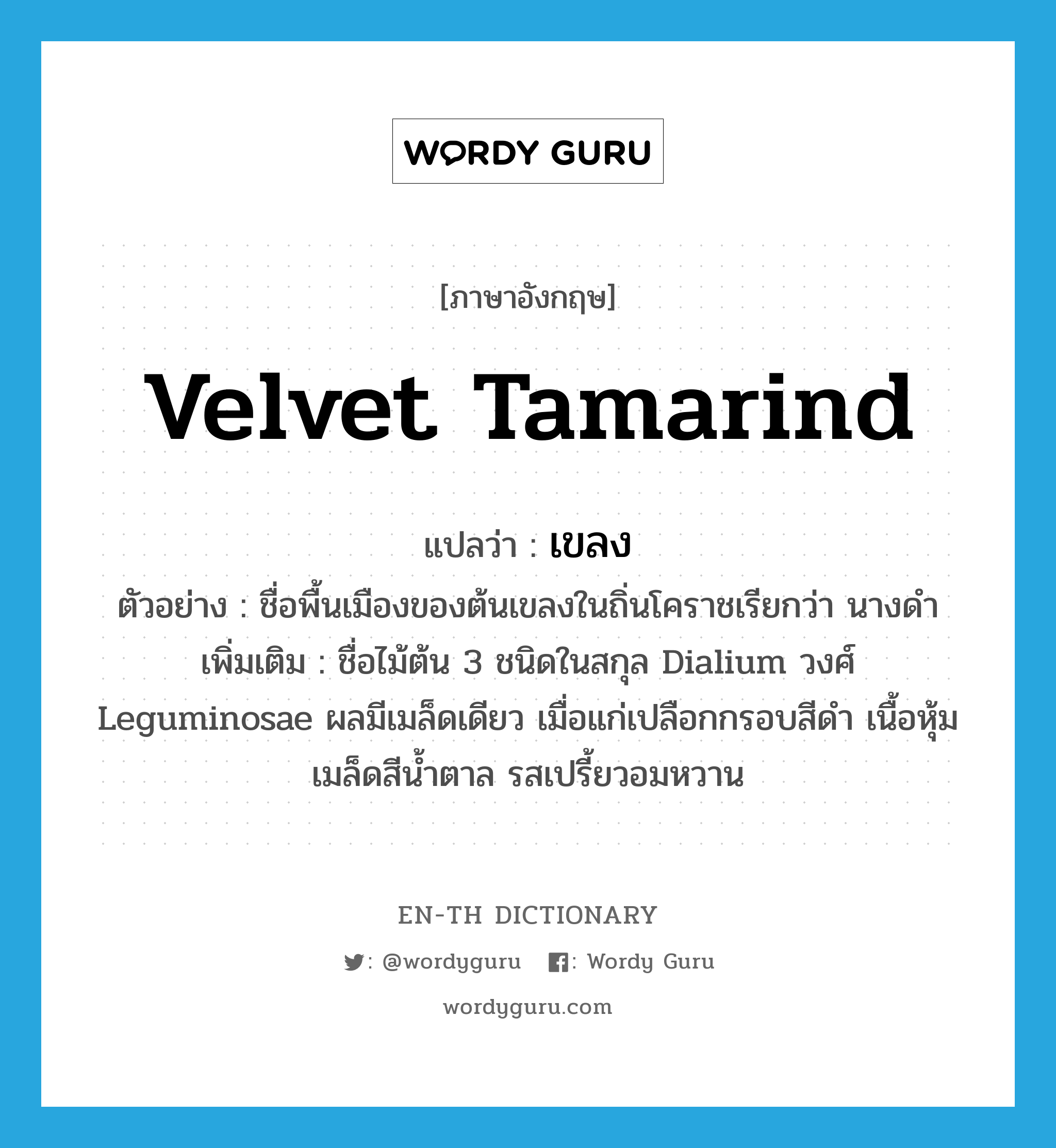 Velvet tamarind แปลว่า?, คำศัพท์ภาษาอังกฤษ Velvet tamarind แปลว่า เขลง ประเภท N ตัวอย่าง ชื่อพื้นเมืองของต้นเขลงในถิ่นโคราชเรียกว่า นางดำ เพิ่มเติม ชื่อไม้ต้น 3 ชนิดในสกุล Dialium วงศ์ Leguminosae ผลมีเมล็ดเดียว เมื่อแก่เปลือกกรอบสีดำ เนื้อหุ้มเมล็ดสีน้ำตาล รสเปรี้ยวอมหวาน หมวด N