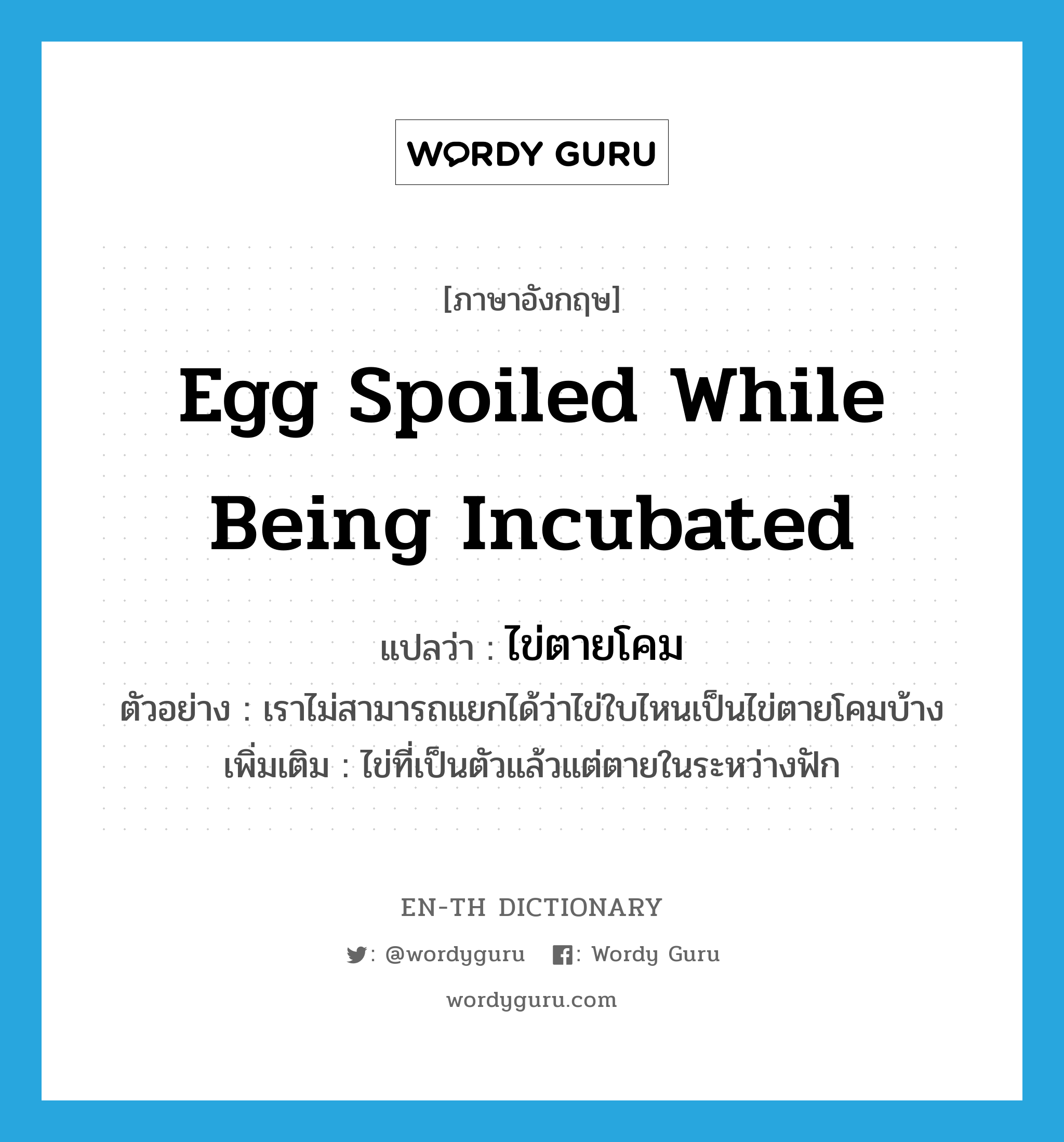 egg spoiled while being incubated แปลว่า?, คำศัพท์ภาษาอังกฤษ egg spoiled while being incubated แปลว่า ไข่ตายโคม ประเภท N ตัวอย่าง เราไม่สามารถแยกได้ว่าไข่ใบไหนเป็นไข่ตายโคมบ้าง เพิ่มเติม ไข่ที่เป็นตัวแล้วแต่ตายในระหว่างฟัก หมวด N