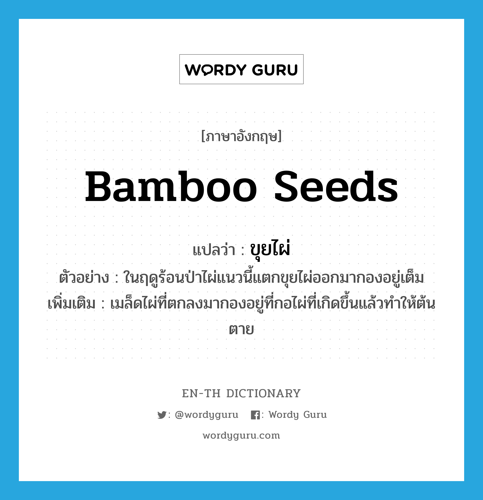 bamboo seeds แปลว่า?, คำศัพท์ภาษาอังกฤษ bamboo seeds แปลว่า ขุยไผ่ ประเภท N ตัวอย่าง ในฤดูร้อนป่าไผ่แนวนี้แตกขุยไผ่ออกมากองอยู่เต็ม เพิ่มเติม เมล็ดไผ่ที่ตกลงมากองอยู่ที่กอไผ่ที่เกิดขึ้นแล้วทำให้ต้นตาย หมวด N