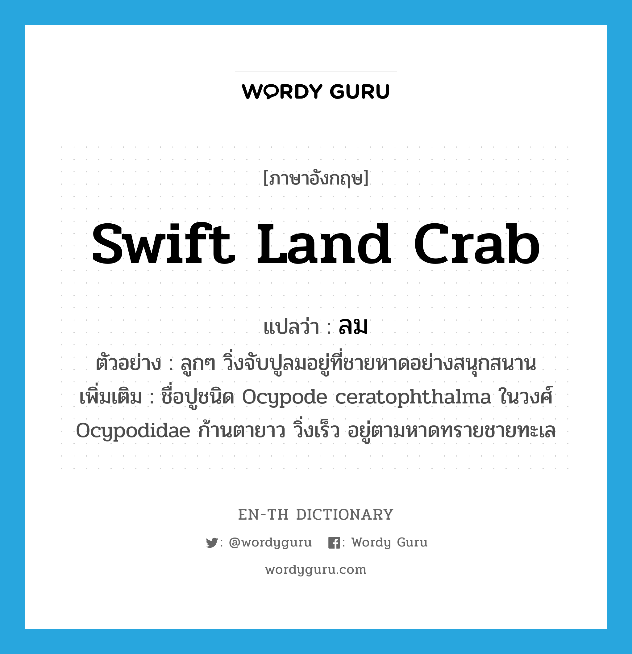 swift land crab แปลว่า?, คำศัพท์ภาษาอังกฤษ swift land crab แปลว่า ลม ประเภท N ตัวอย่าง ลูกๆ วิ่งจับปูลมอยู่ที่ชายหาดอย่างสนุกสนาน เพิ่มเติม ชื่อปูชนิด Ocypode ceratophthalma ในวงศ์ Ocypodidae ก้านตายาว วิ่งเร็ว อยู่ตามหาดทรายชายทะเล หมวด N