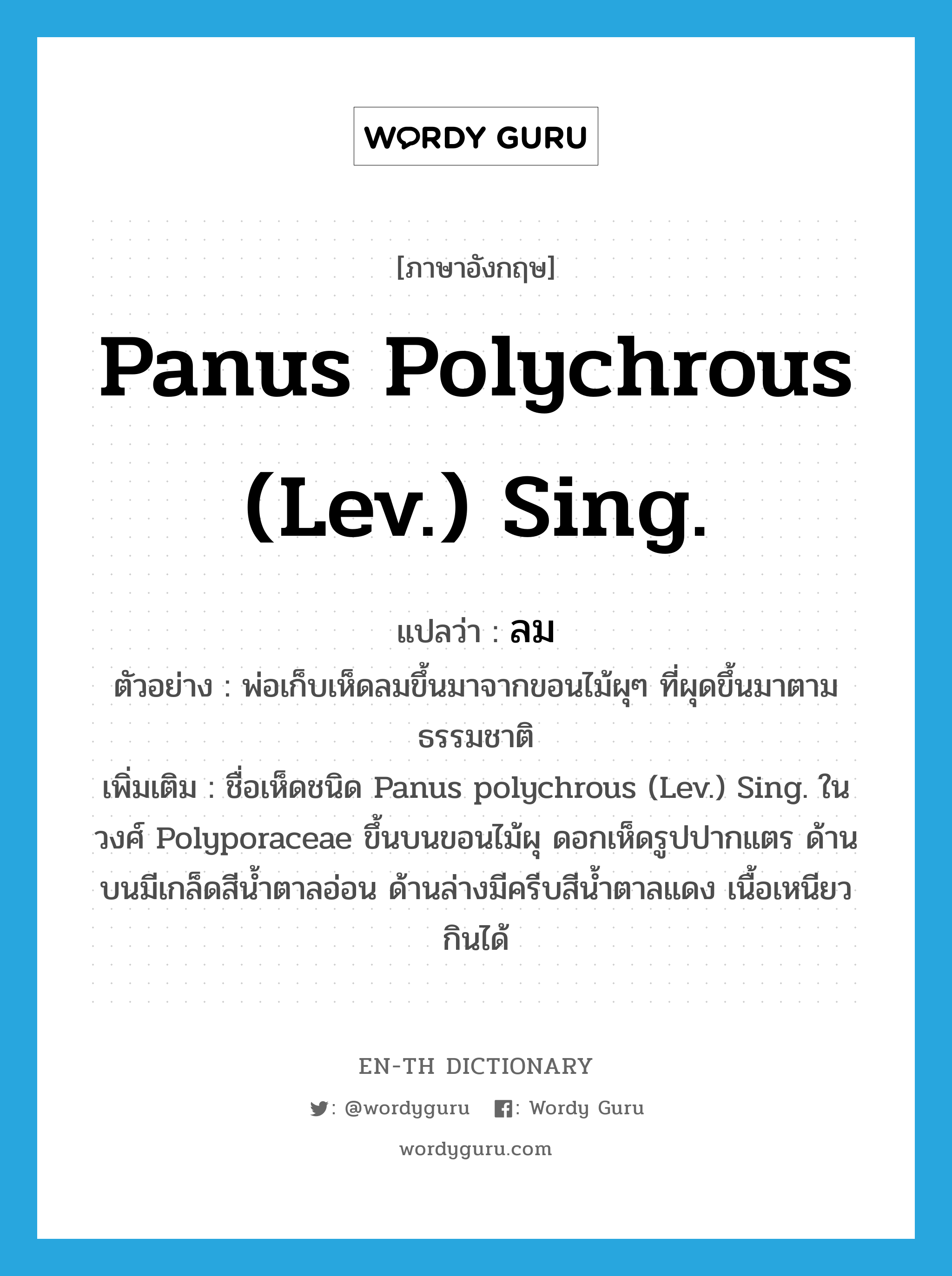 Panus polychrous (Lev.) Sing. แปลว่า?, คำศัพท์ภาษาอังกฤษ Panus polychrous (Lev.) Sing. แปลว่า ลม ประเภท N ตัวอย่าง พ่อเก็บเห็ดลมขึ้นมาจากขอนไม้ผุๆ ที่ผุดขึ้นมาตามธรรมชาติ เพิ่มเติม ชื่อเห็ดชนิด Panus polychrous (Lev.) Sing. ในวงศ์ Polyporaceae ขึ้นบนขอนไม้ผุ ดอกเห็ดรูปปากแตร ด้านบนมีเกล็ดสีน้ำตาลอ่อน ด้านล่างมีครีบสีน้ำตาลแดง เนื้อเหนียว กินได้ หมวด N