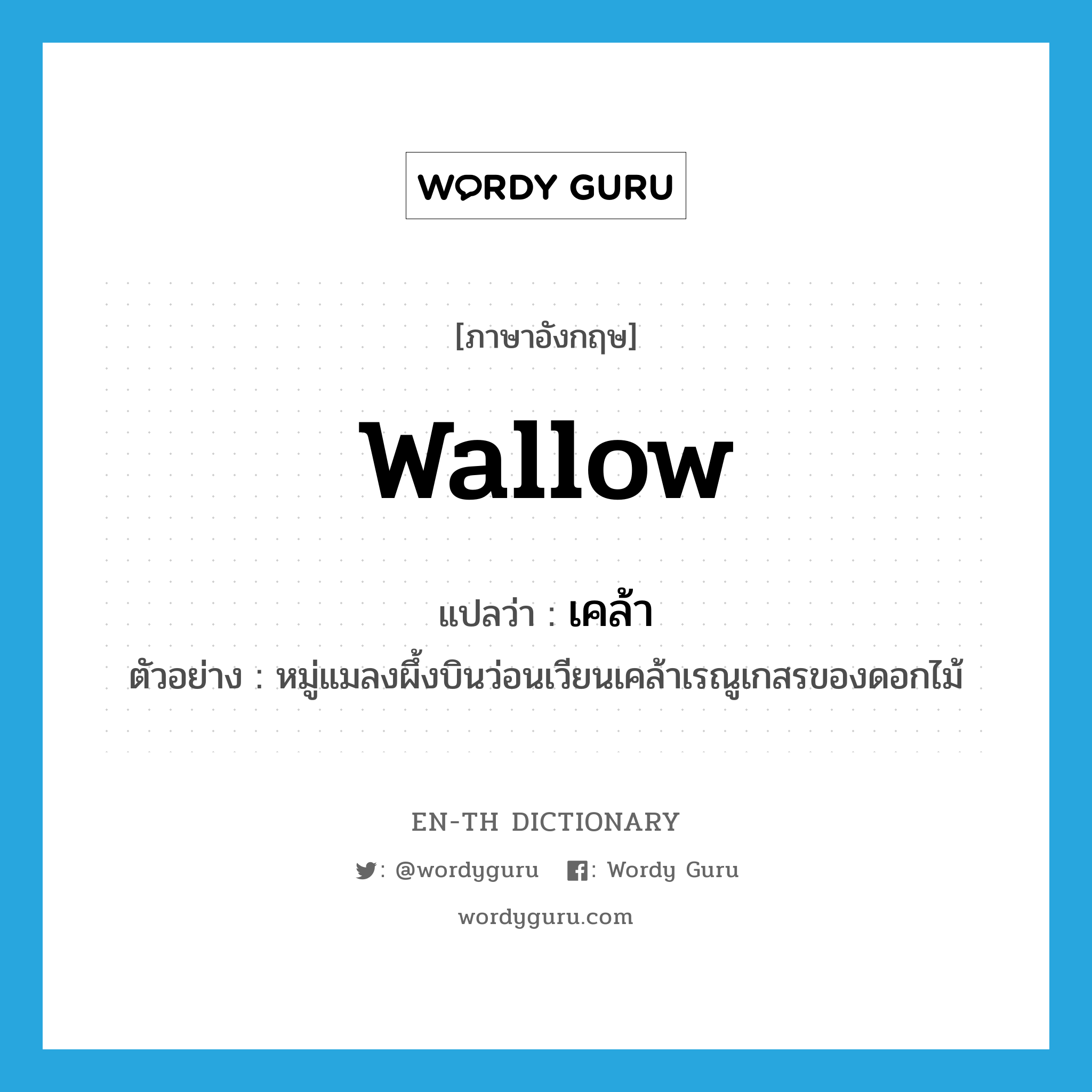 wallow แปลว่า?, คำศัพท์ภาษาอังกฤษ wallow แปลว่า เคล้า ประเภท V ตัวอย่าง หมู่แมลงผึ้งบินว่อนเวียนเคล้าเรณูเกสรของดอกไม้ หมวด V