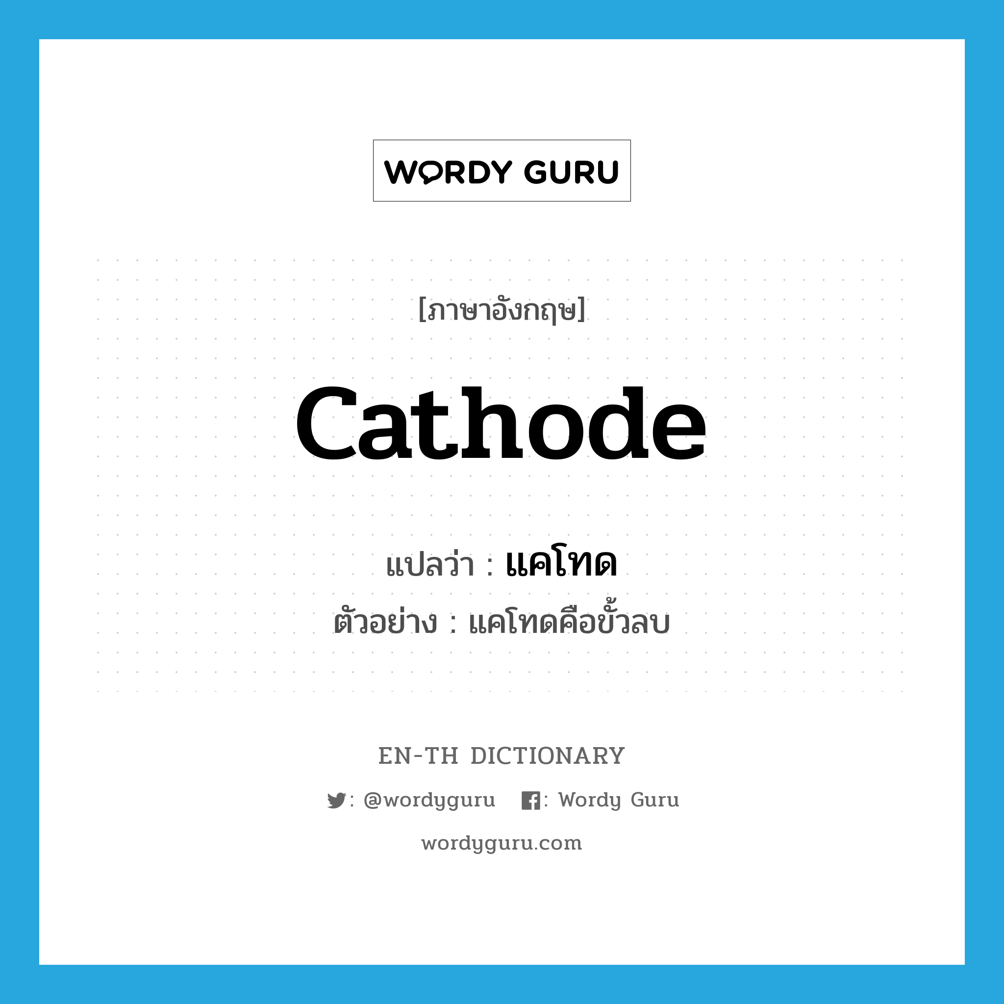 cathode แปลว่า?, คำศัพท์ภาษาอังกฤษ cathode แปลว่า แคโทด ประเภท N ตัวอย่าง แคโทดคือขั้วลบ หมวด N