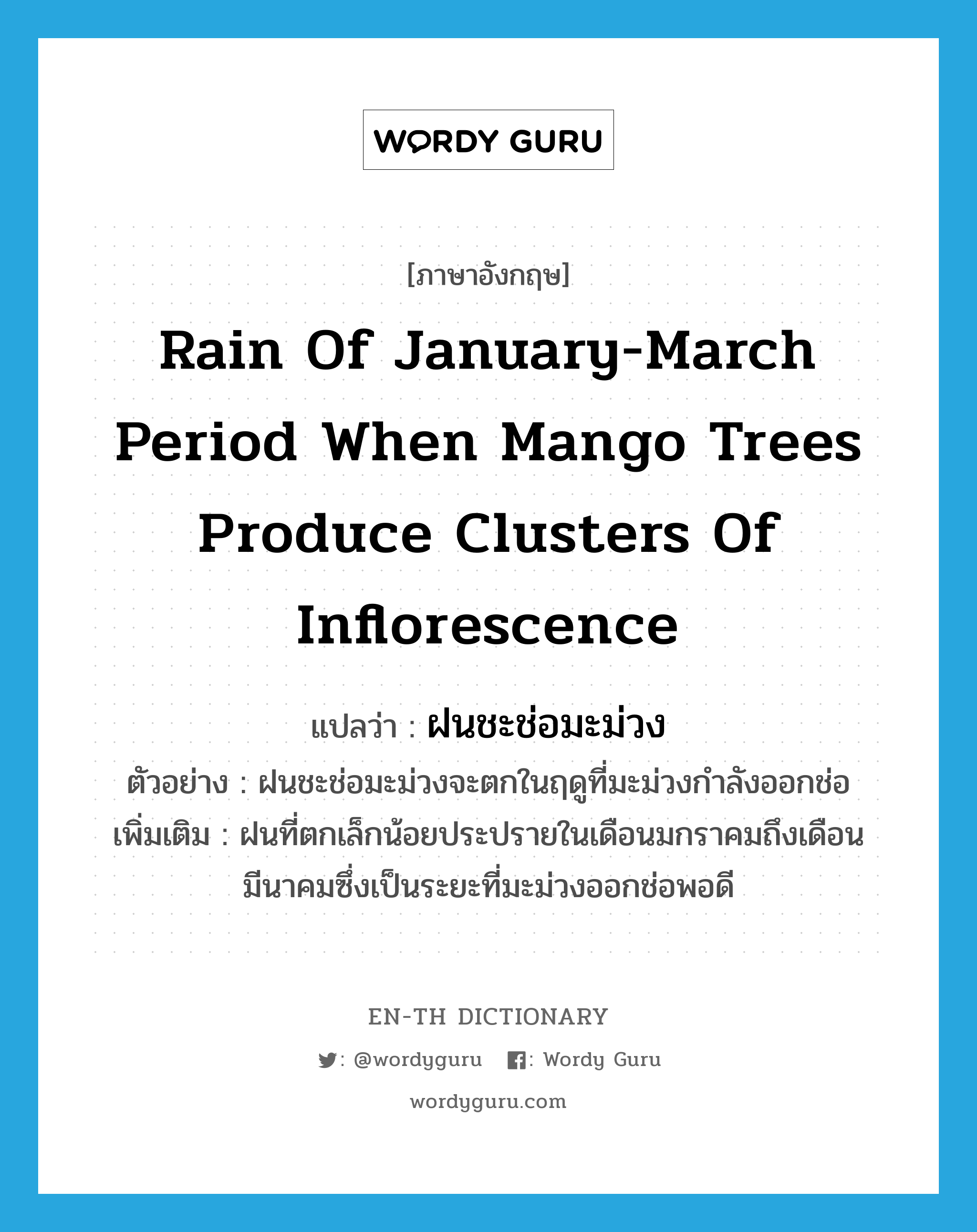 ฝนชะช่อมะม่วง ภาษาอังกฤษ?, คำศัพท์ภาษาอังกฤษ ฝนชะช่อมะม่วง แปลว่า rain of January-March period when mango trees produce clusters of inflorescence ประเภท N ตัวอย่าง ฝนชะช่อมะม่วงจะตกในฤดูที่มะม่วงกำลังออกช่อ เพิ่มเติม ฝนที่ตกเล็กน้อยประปรายในเดือนมกราคมถึงเดือนมีนาคมซึ่งเป็นระยะที่มะม่วงออกช่อพอดี หมวด N