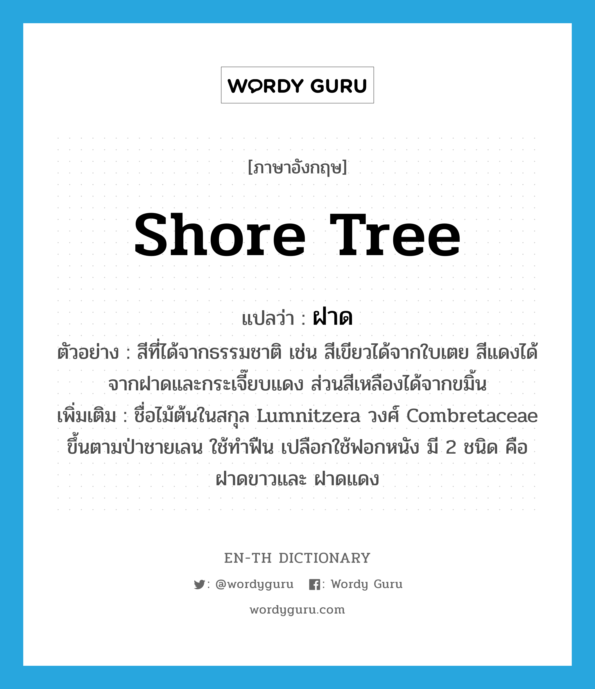 shore tree แปลว่า?, คำศัพท์ภาษาอังกฤษ shore tree แปลว่า ฝาด ประเภท N ตัวอย่าง สีที่ได้จากธรรมชาติ เช่น สีเขียวได้จากใบเตย สีแดงได้จากฝาดและกระเจี๊ยบแดง ส่วนสีเหลืองได้จากขมิ้น เพิ่มเติม ชื่อไม้ต้นในสกุล Lumnitzera วงศ์ Combretaceae ขึ้นตามป่าชายเลน ใช้ทำฟืน เปลือกใช้ฟอกหนัง มี 2 ชนิด คือ ฝาดขาวและ ฝาดแดง หมวด N
