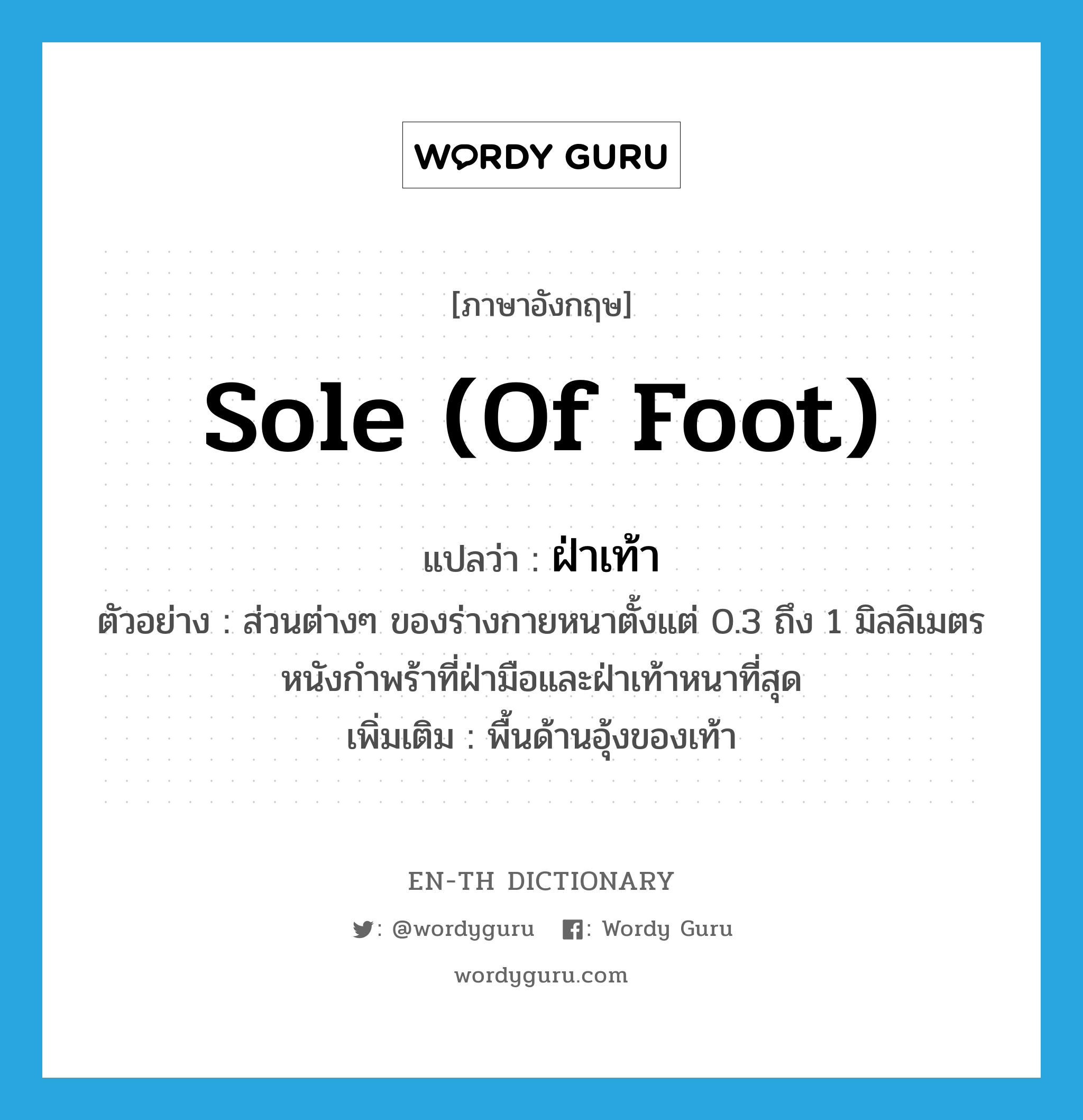 sole (of foot) แปลว่า?, คำศัพท์ภาษาอังกฤษ sole (of foot) แปลว่า ฝ่าเท้า ประเภท N ตัวอย่าง ส่วนต่างๆ ของร่างกายหนาตั้งแต่ 0.3 ถึง 1 มิลลิเมตร หนังกำพร้าที่ฝ่ามือและฝ่าเท้าหนาที่สุด เพิ่มเติม พื้นด้านอุ้งของเท้า หมวด N