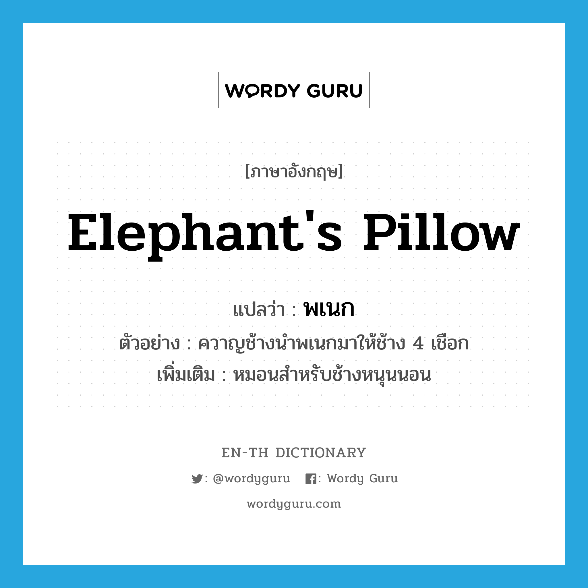 elephant's pillow แปลว่า?, คำศัพท์ภาษาอังกฤษ elephant's pillow แปลว่า พเนก ประเภท N ตัวอย่าง ควาญช้างนำพเนกมาให้ช้าง 4 เชือก เพิ่มเติม หมอนสำหรับช้างหนุนนอน หมวด N