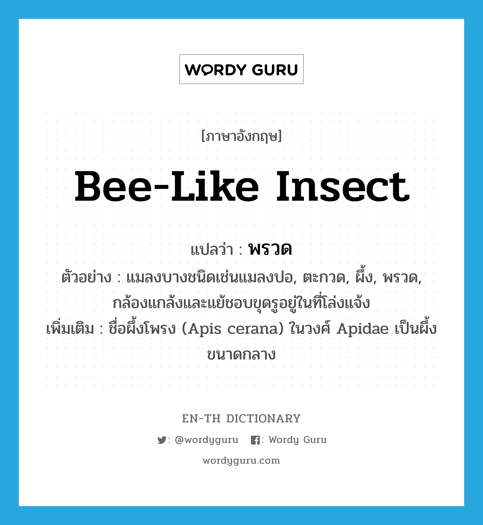 พรวด ภาษาอังกฤษ?, คำศัพท์ภาษาอังกฤษ พรวด แปลว่า bee-like insect ประเภท N ตัวอย่าง แมลงบางชนิดเช่นแมลงปอ, ตะกวด, ผึ้ง, พรวด, กล้องแกล้งและแย้ชอบขุดรูอยู่ในที่โล่งแจ้ง เพิ่มเติม ชื่อผึ้งโพรง (Apis cerana) ในวงศ์ Apidae เป็นผึ้งขนาดกลาง หมวด N