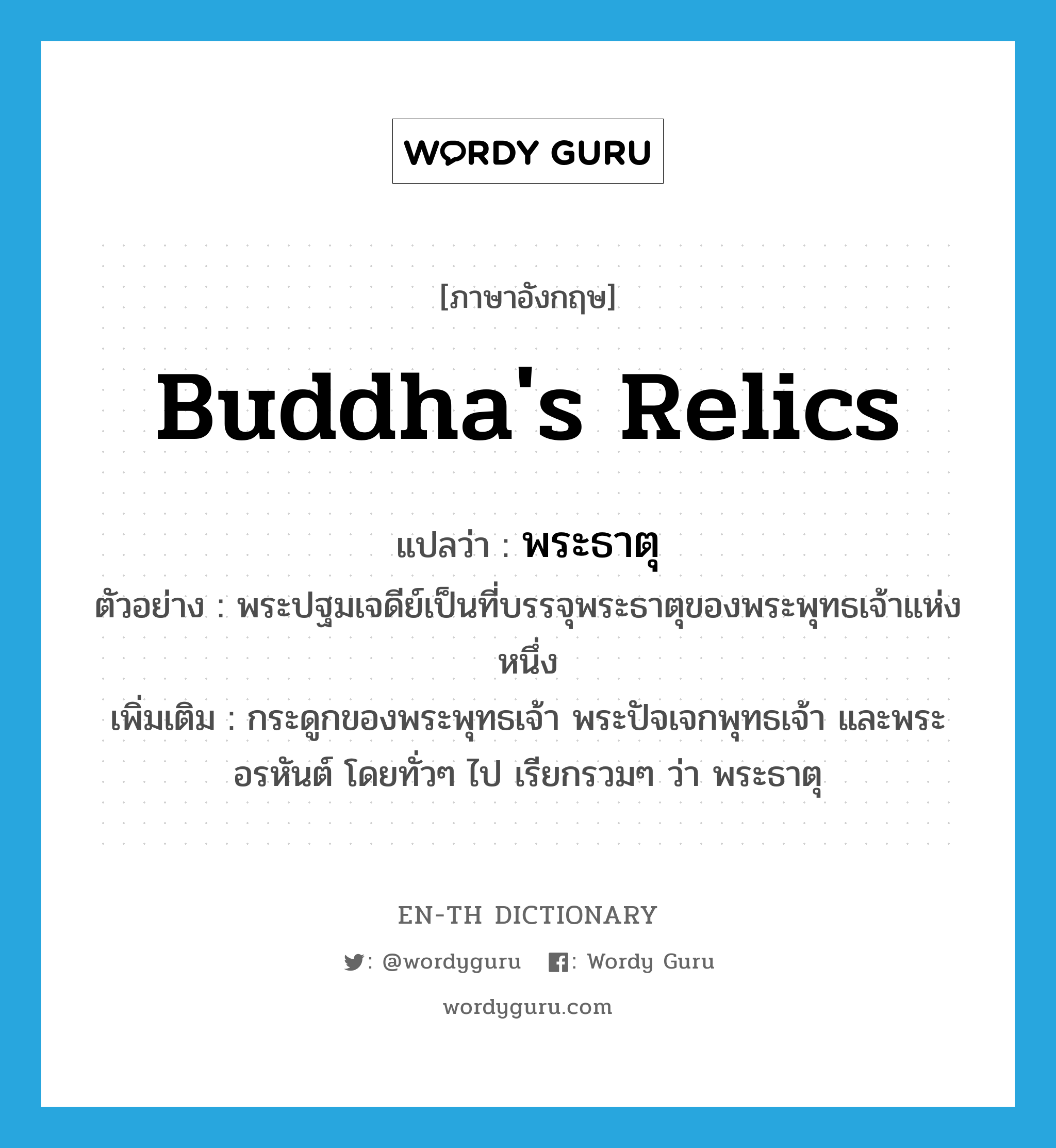 Buddha's relics แปลว่า?, คำศัพท์ภาษาอังกฤษ Buddha's relics แปลว่า พระธาตุ ประเภท N ตัวอย่าง พระปฐมเจดีย์เป็นที่บรรจุพระธาตุของพระพุทธเจ้าแห่งหนึ่ง เพิ่มเติม กระดูกของพระพุทธเจ้า พระปัจเจกพุทธเจ้า และพระอรหันต์ โดยทั่วๆ ไป เรียกรวมๆ ว่า พระธาตุ หมวด N