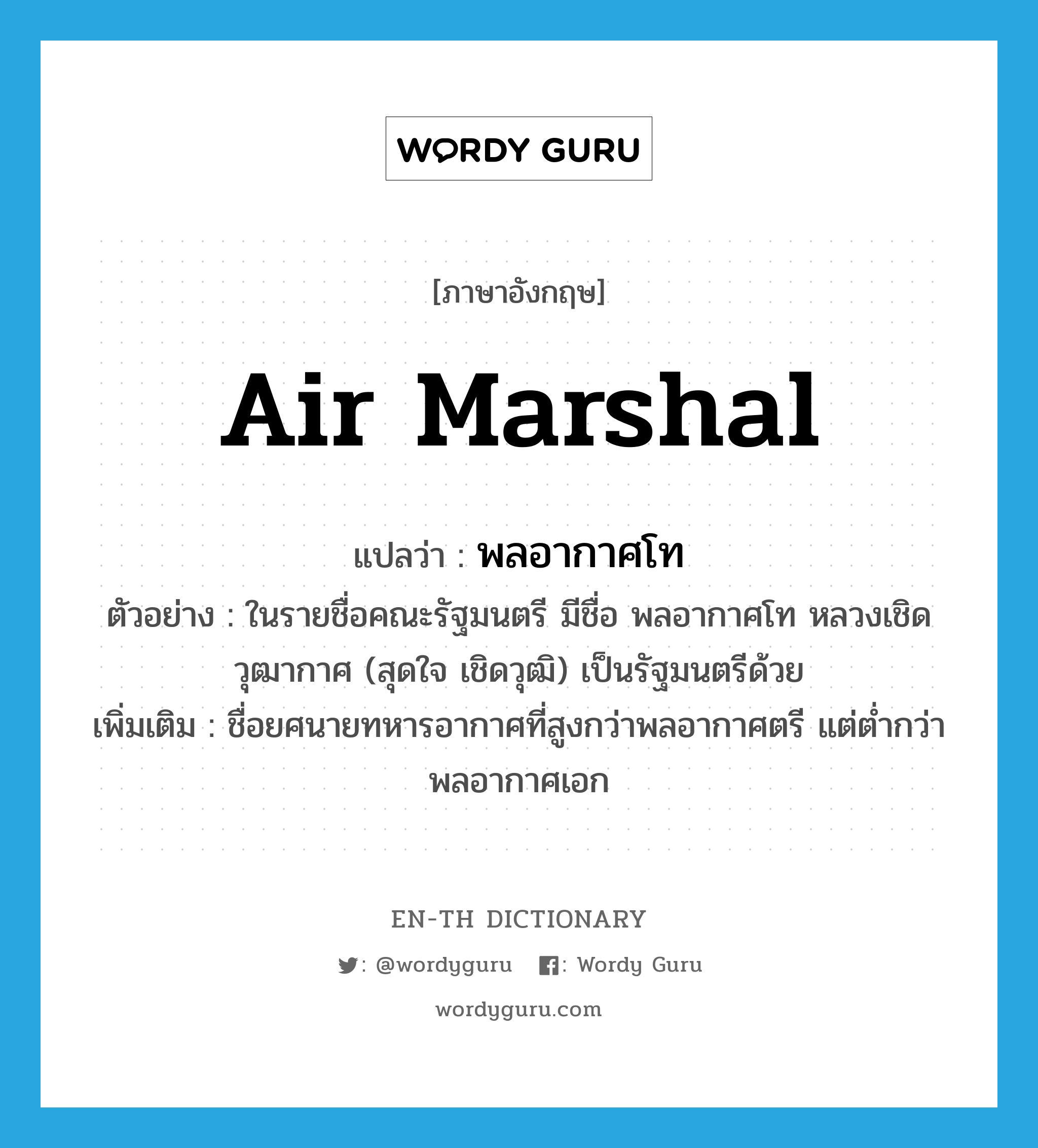 Air Marshal แปลว่า?, คำศัพท์ภาษาอังกฤษ Air Marshal แปลว่า พลอากาศโท ประเภท N ตัวอย่าง ในรายชื่อคณะรัฐมนตรี มีชื่อ พลอากาศโท หลวงเชิดวุฒากาศ (สุดใจ เชิดวุฒิ) เป็นรัฐมนตรีด้วย เพิ่มเติม ชื่อยศนายทหารอากาศที่สูงกว่าพลอากาศตรี แต่ต่ำกว่าพลอากาศเอก หมวด N