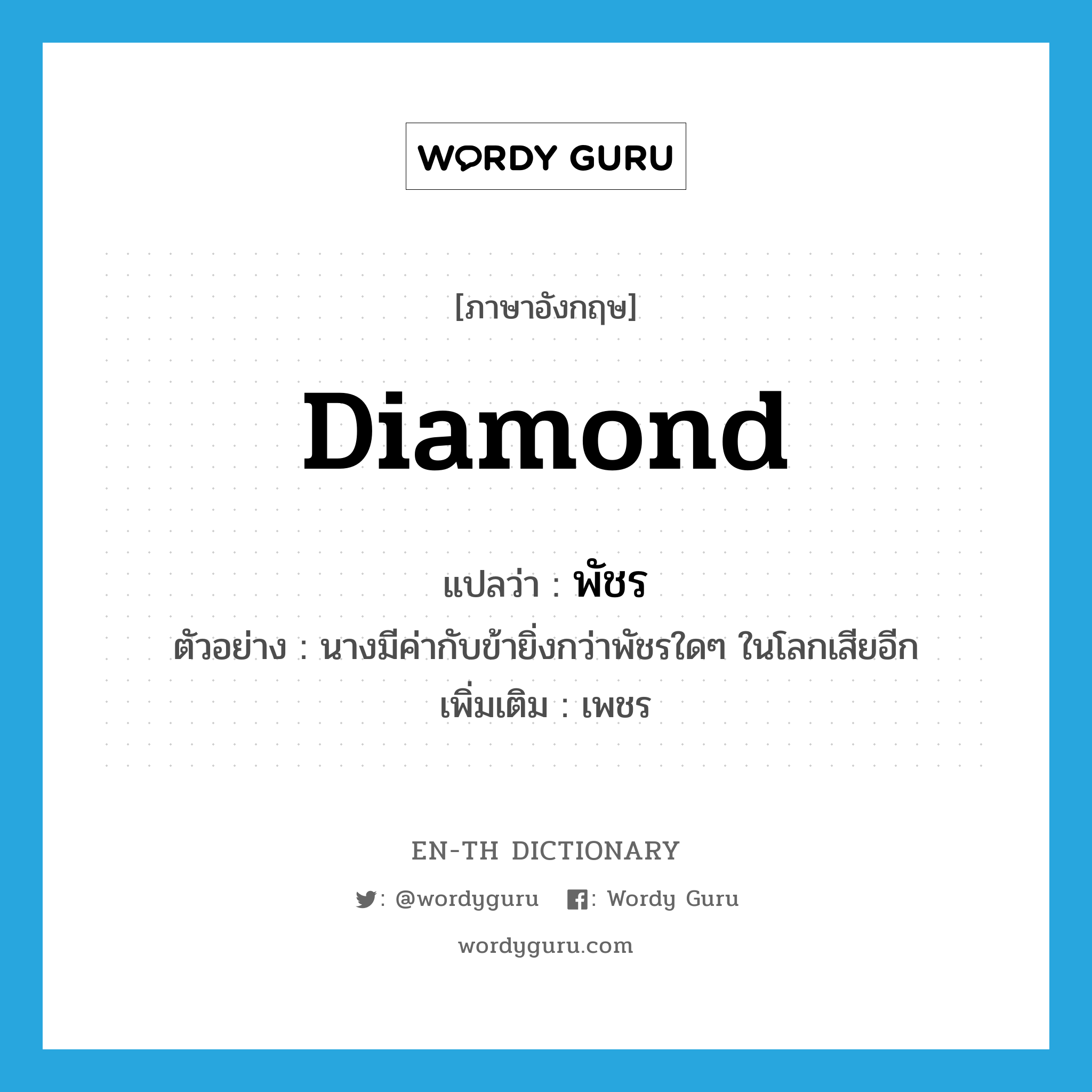 diamond แปลว่า?, คำศัพท์ภาษาอังกฤษ diamond แปลว่า พัชร ประเภท N ตัวอย่าง นางมีค่ากับข้ายิ่งกว่าพัชรใดๆ ในโลกเสียอีก เพิ่มเติม เพชร หมวด N