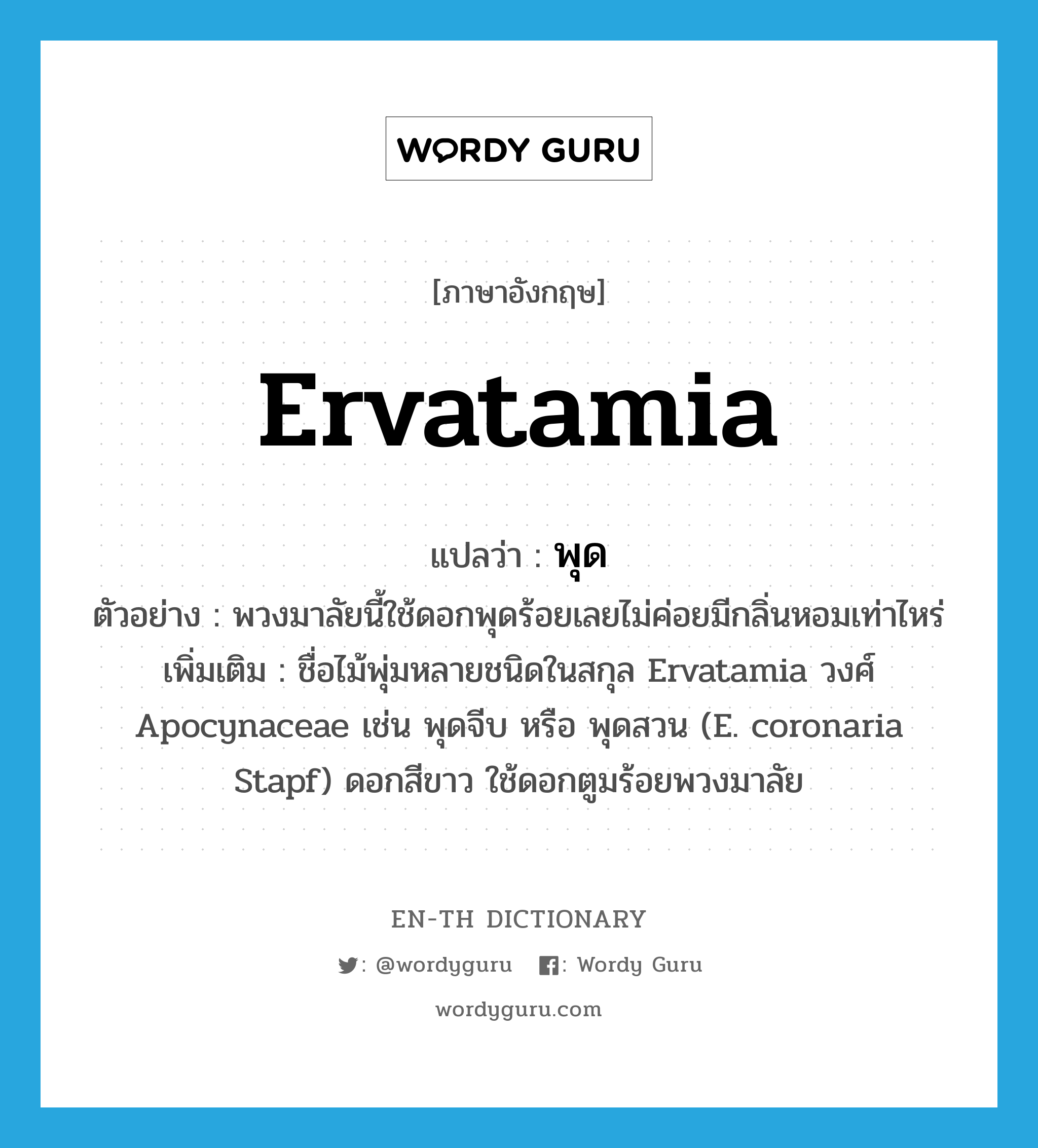Ervatamia แปลว่า?, คำศัพท์ภาษาอังกฤษ Ervatamia แปลว่า พุด ประเภท N ตัวอย่าง พวงมาลัยนี้ใช้ดอกพุดร้อยเลยไม่ค่อยมีกลิ่นหอมเท่าไหร่ เพิ่มเติม ชื่อไม้พุ่มหลายชนิดในสกุล Ervatamia วงศ์ Apocynaceae เช่น พุดจีบ หรือ พุดสวน (E. coronaria Stapf) ดอกสีขาว ใช้ดอกตูมร้อยพวงมาลัย หมวด N
