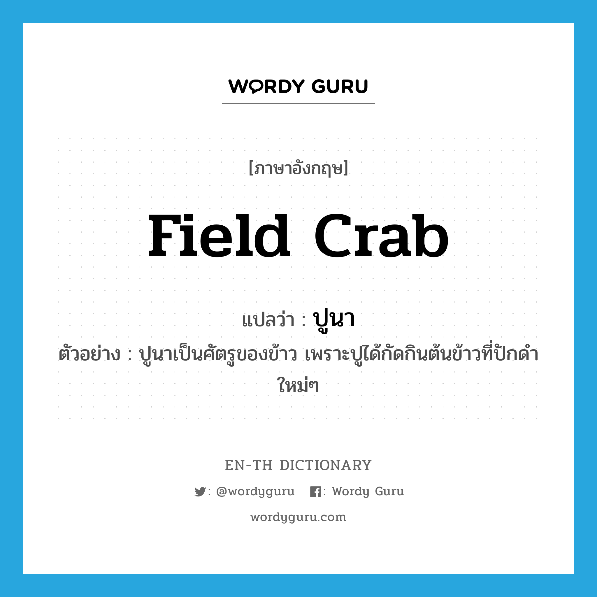 field crab แปลว่า?, คำศัพท์ภาษาอังกฤษ field crab แปลว่า ปูนา ประเภท N ตัวอย่าง ปูนาเป็นศัตรูของข้าว เพราะปูได้กัดกินต้นข้าวที่ปักดำใหม่ๆ หมวด N