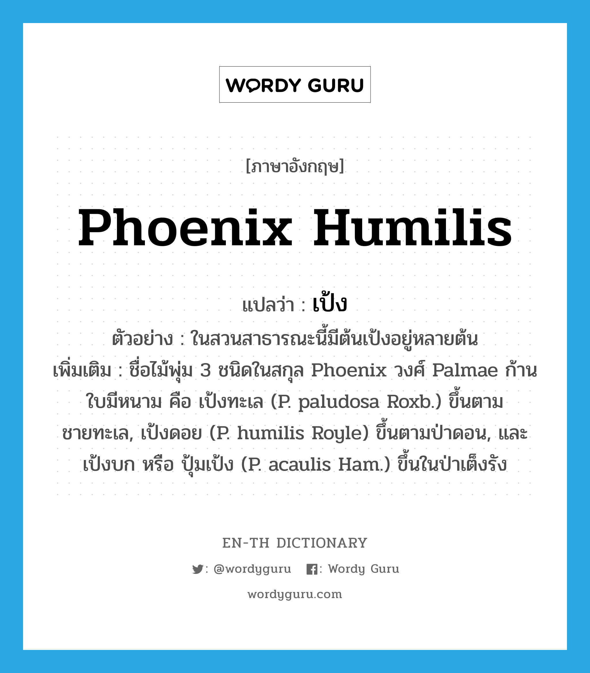 Phoenix humilis แปลว่า?, คำศัพท์ภาษาอังกฤษ Phoenix humilis แปลว่า เป้ง ประเภท N ตัวอย่าง ในสวนสาธารณะนี้มีต้นเป้งอยู่หลายต้น เพิ่มเติม ชื่อไม้พุ่ม 3 ชนิดในสกุล Phoenix วงศ์ Palmae ก้านใบมีหนาม คือ เป้งทะเล (P. paludosa Roxb.) ขึ้นตามชายทะเล, เป้งดอย (P. humilis Royle) ขึ้นตามป่าดอน, และ เป้งบก หรือ ปุ้มเป้ง (P. acaulis Ham.) ขึ้นในป่าเต็งรัง หมวด N