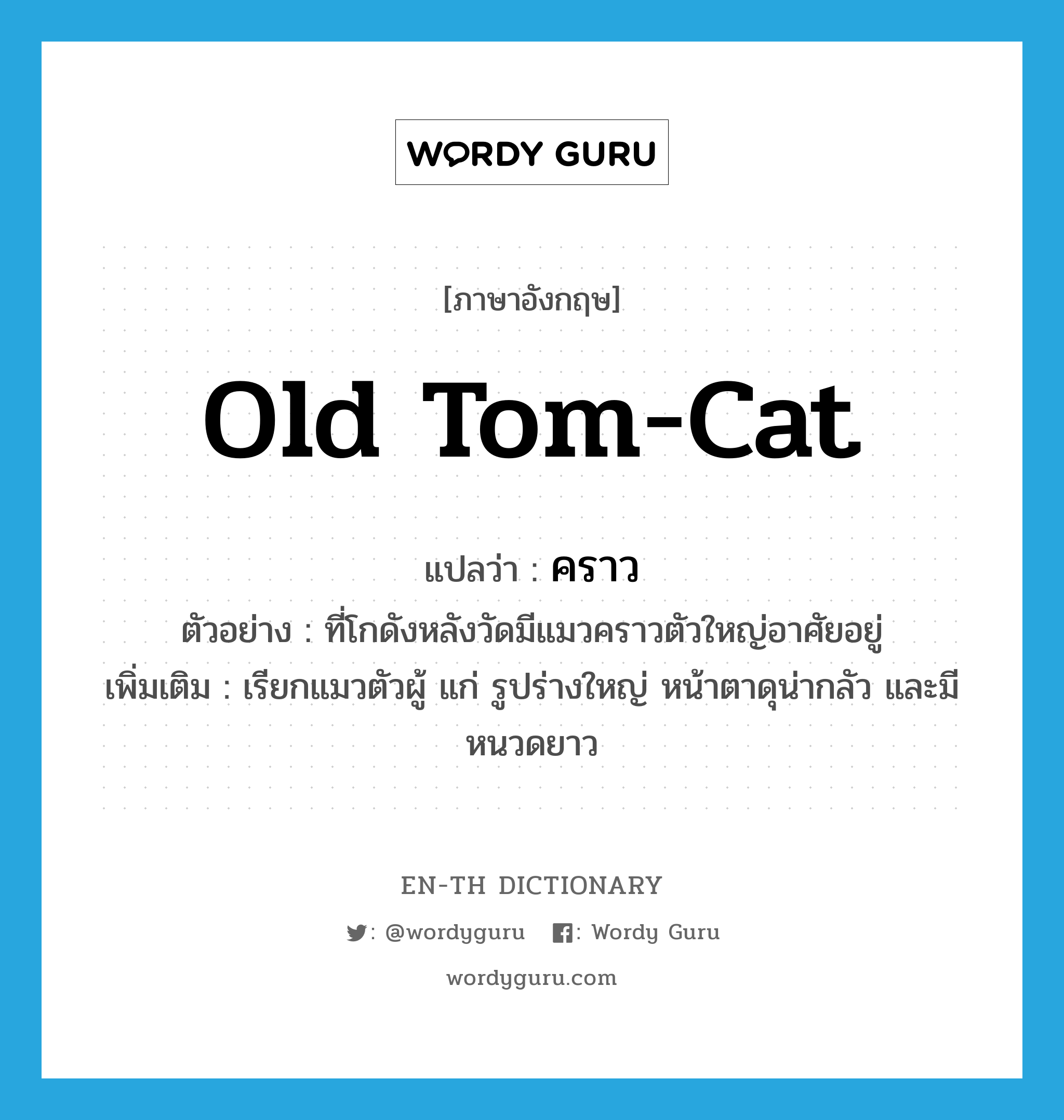 old tom-cat แปลว่า?, คำศัพท์ภาษาอังกฤษ old tom-cat แปลว่า คราว ประเภท N ตัวอย่าง ที่โกดังหลังวัดมีแมวคราวตัวใหญ่อาศัยอยู่ เพิ่มเติม เรียกแมวตัวผู้ แก่ รูปร่างใหญ่ หน้าตาดุน่ากลัว และมีหนวดยาว หมวด N