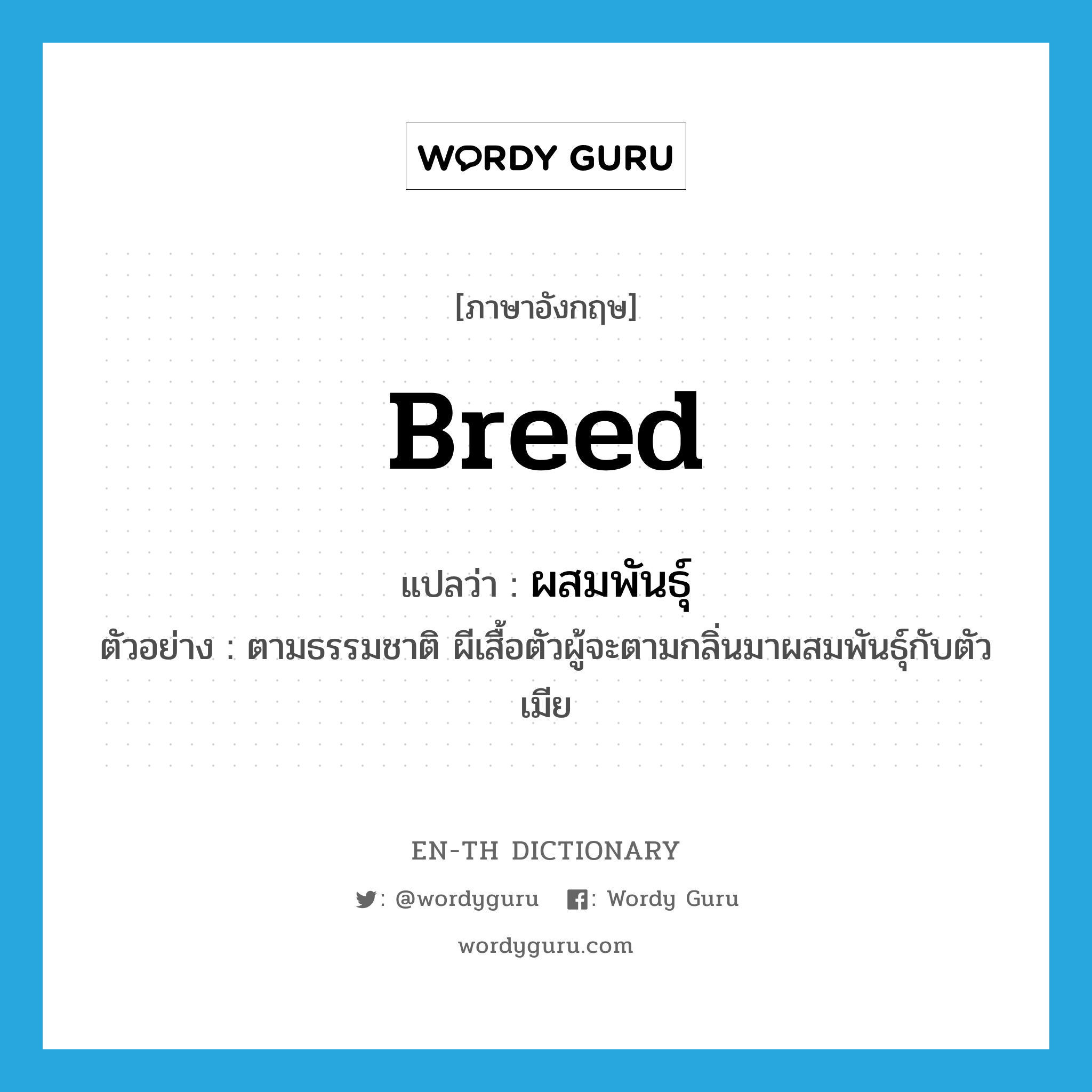 breed แปลว่า?, คำศัพท์ภาษาอังกฤษ breed แปลว่า ผสมพันธุ์ ประเภท V ตัวอย่าง ตามธรรมชาติ ผีเสื้อตัวผู้จะตามกลิ่นมาผสมพันธุ์กับตัวเมีย หมวด V