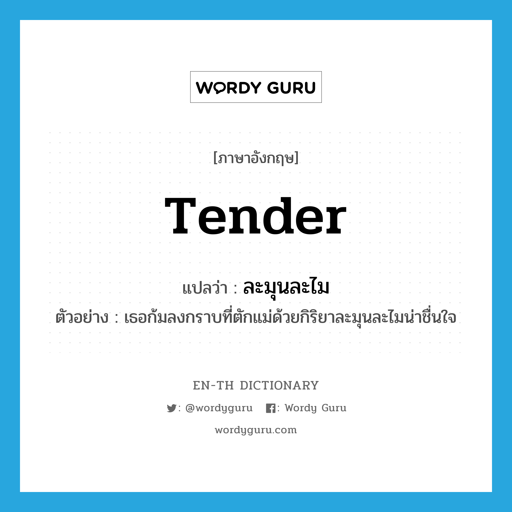 tender แปลว่า?, คำศัพท์ภาษาอังกฤษ tender แปลว่า ละมุนละไม ประเภท ADJ ตัวอย่าง เธอก้มลงกราบที่ตักแม่ด้วยกิริยาละมุนละไมน่าชื่นใจ หมวด ADJ