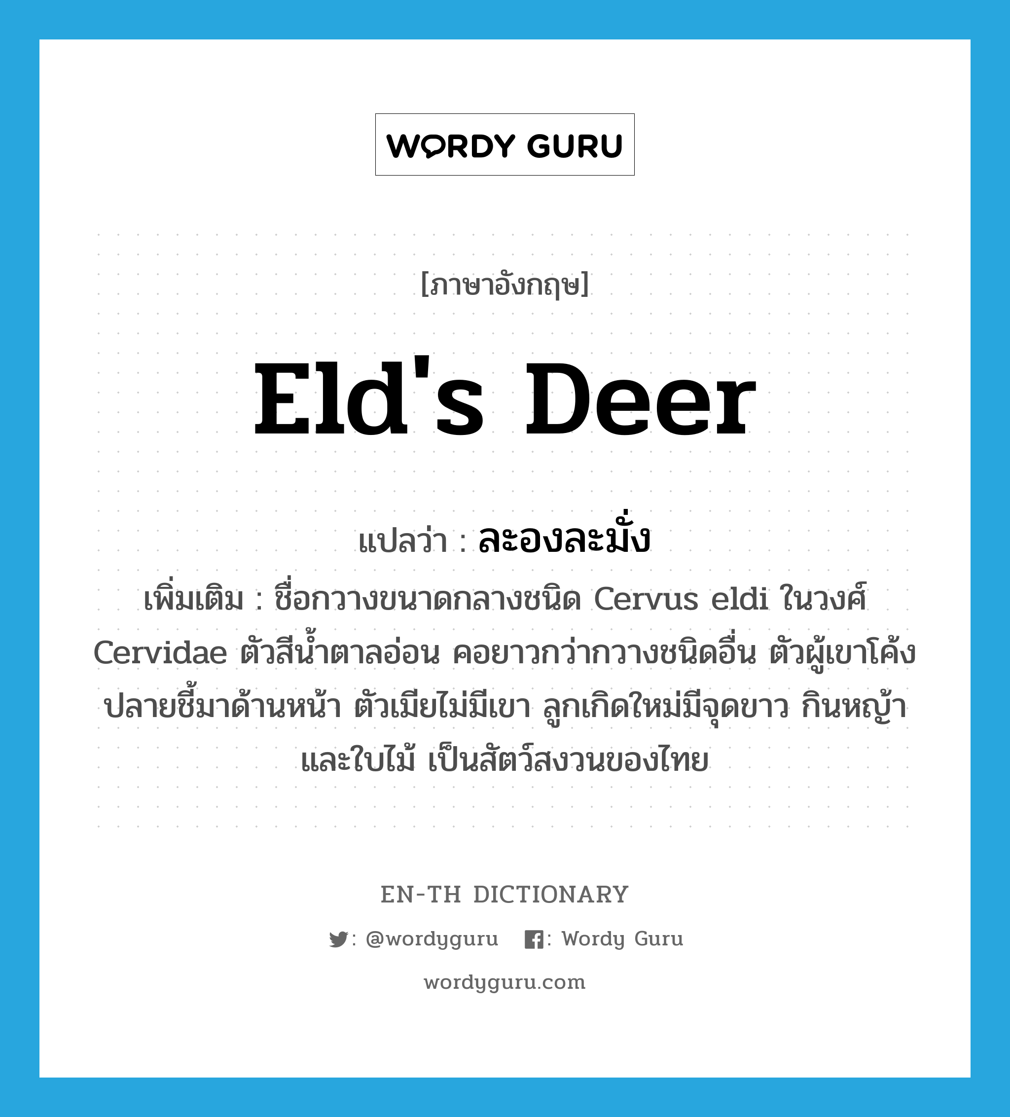 Eld's deer แปลว่า?, คำศัพท์ภาษาอังกฤษ Eld's deer แปลว่า ละองละมั่ง ประเภท N เพิ่มเติม ชื่อกวางขนาดกลางชนิด Cervus eldi ในวงศ์ Cervidae ตัวสีน้ำตาลอ่อน คอยาวกว่ากวางชนิดอื่น ตัวผู้เขาโค้งปลายชี้มาด้านหน้า ตัวเมียไม่มีเขา ลูกเกิดใหม่มีจุดขาว กินหญ้าและใบไม้ เป็นสัตว์สงวนของไทย หมวด N