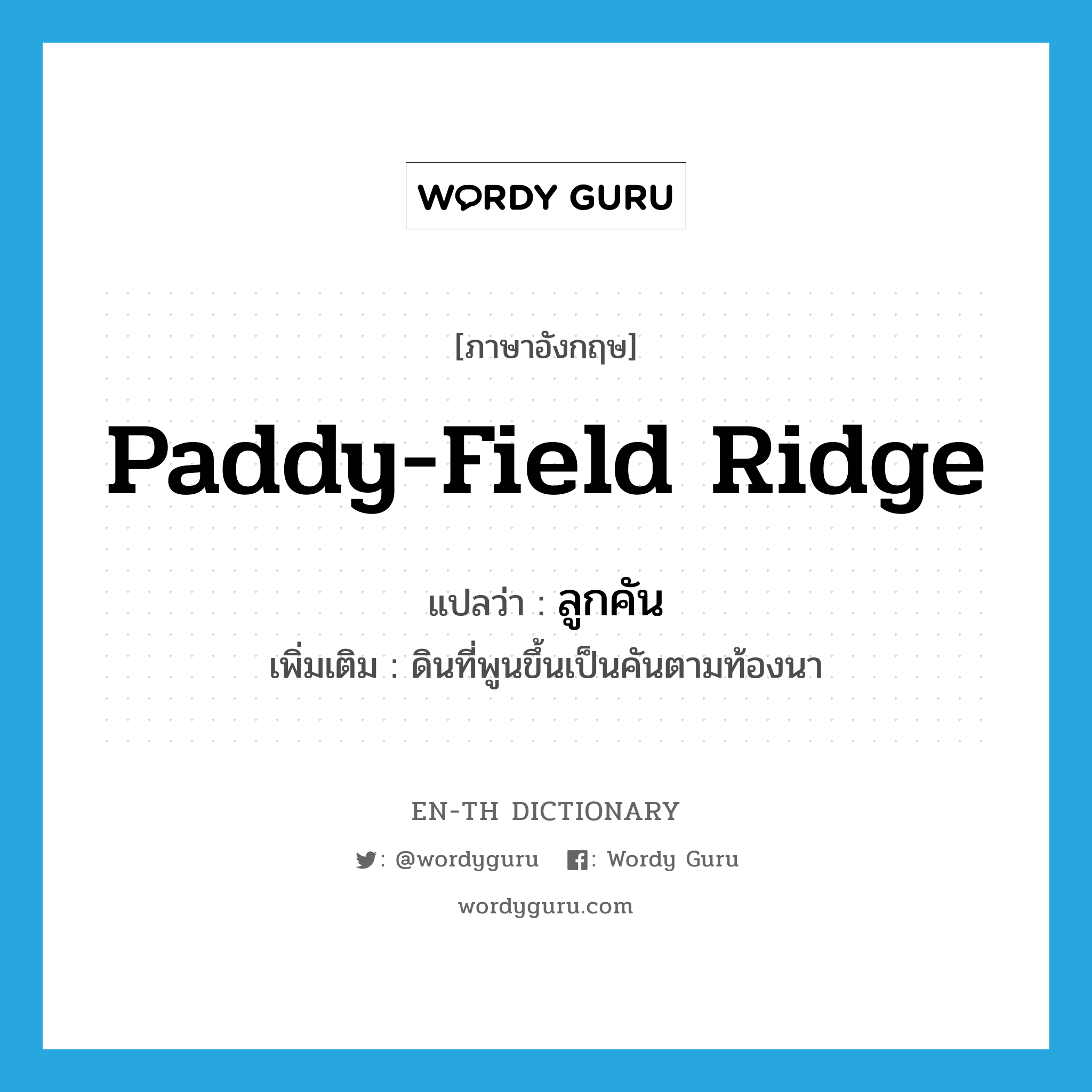 paddy-field ridge แปลว่า?, คำศัพท์ภาษาอังกฤษ paddy-field ridge แปลว่า ลูกคัน ประเภท N เพิ่มเติม ดินที่พูนขึ้นเป็นคันตามท้องนา หมวด N