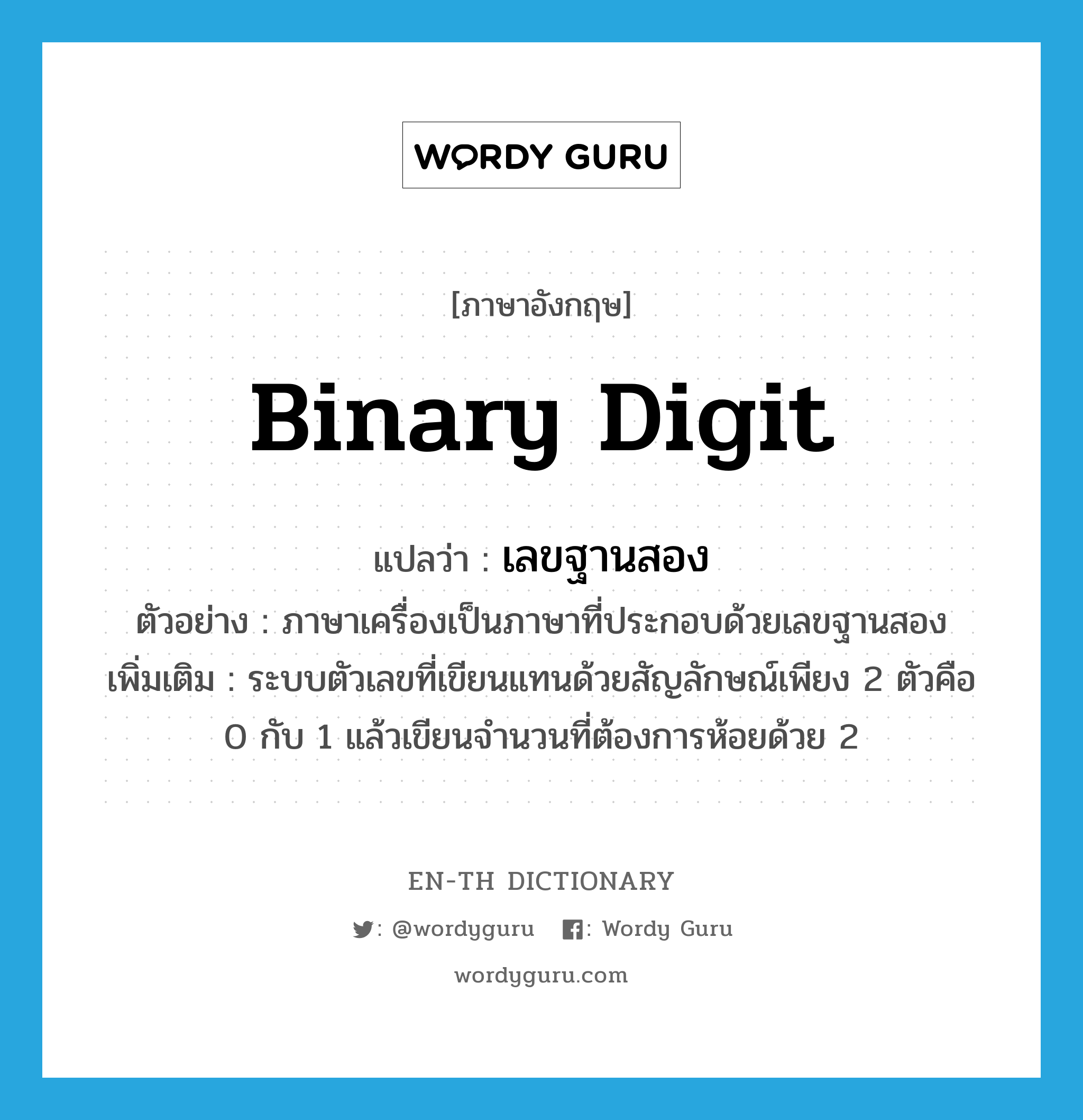 binary digit แปลว่า?, คำศัพท์ภาษาอังกฤษ binary digit แปลว่า เลขฐานสอง ประเภท N ตัวอย่าง ภาษาเครื่องเป็นภาษาที่ประกอบด้วยเลขฐานสอง เพิ่มเติม ระบบตัวเลขที่เขียนแทนด้วยสัญลักษณ์เพียง 2 ตัวคือ 0 กับ 1 แล้วเขียนจำนวนที่ต้องการห้อยด้วย 2 หมวด N