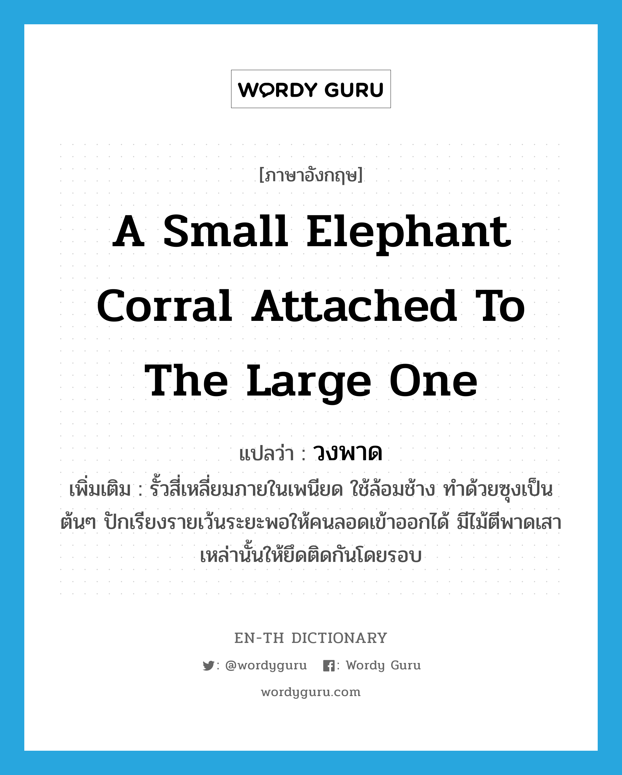 a small elephant corral attached to the large one แปลว่า?, คำศัพท์ภาษาอังกฤษ a small elephant corral attached to the large one แปลว่า วงพาด ประเภท N เพิ่มเติม รั้วสี่เหลี่ยมภายในเพนียด ใช้ล้อมช้าง ทำด้วยซุงเป็นต้นๆ ปักเรียงรายเว้นระยะพอให้คนลอดเข้าออกได้ มีไม้ตีพาดเสาเหล่านั้นให้ยึดติดกันโดยรอบ หมวด N