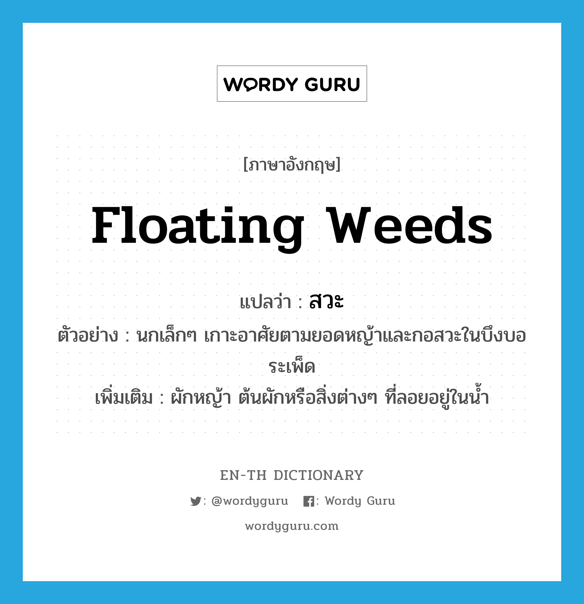 floating weeds แปลว่า?, คำศัพท์ภาษาอังกฤษ floating weeds แปลว่า สวะ ประเภท N ตัวอย่าง นกเล็กๆ เกาะอาศัยตามยอดหญ้าและกอสวะในบึงบอระเพ็ด เพิ่มเติม ผักหญ้า ต้นผักหรือสิ่งต่างๆ ที่ลอยอยู่ในน้ำ หมวด N