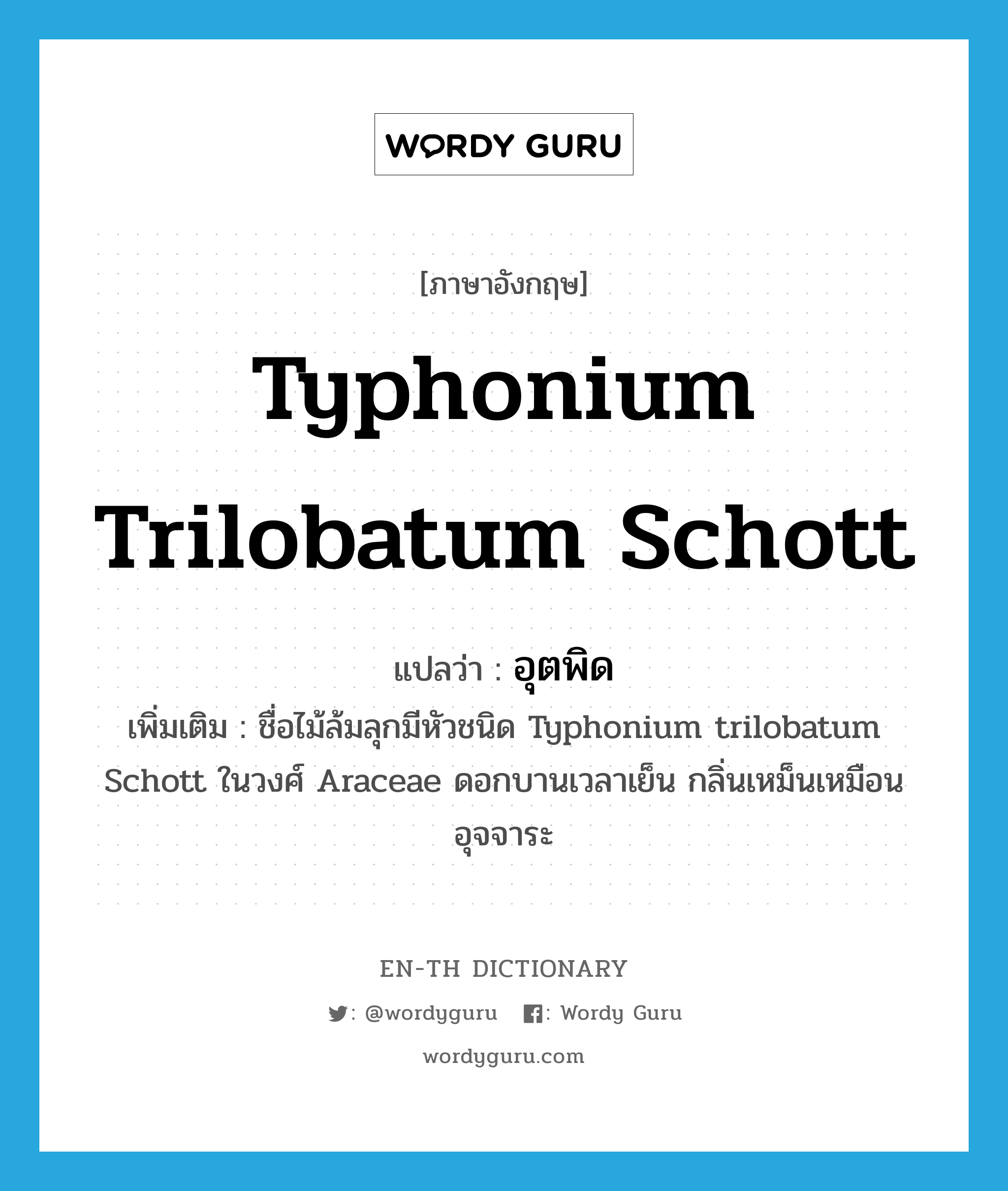 อุตพิด ภาษาอังกฤษ?, คำศัพท์ภาษาอังกฤษ อุตพิด แปลว่า Typhonium trilobatum Schott ประเภท N เพิ่มเติม ชื่อไม้ล้มลุกมีหัวชนิด Typhonium trilobatum Schott ในวงศ์ Araceae ดอกบานเวลาเย็น กลิ่นเหม็นเหมือนอุจจาระ หมวด N