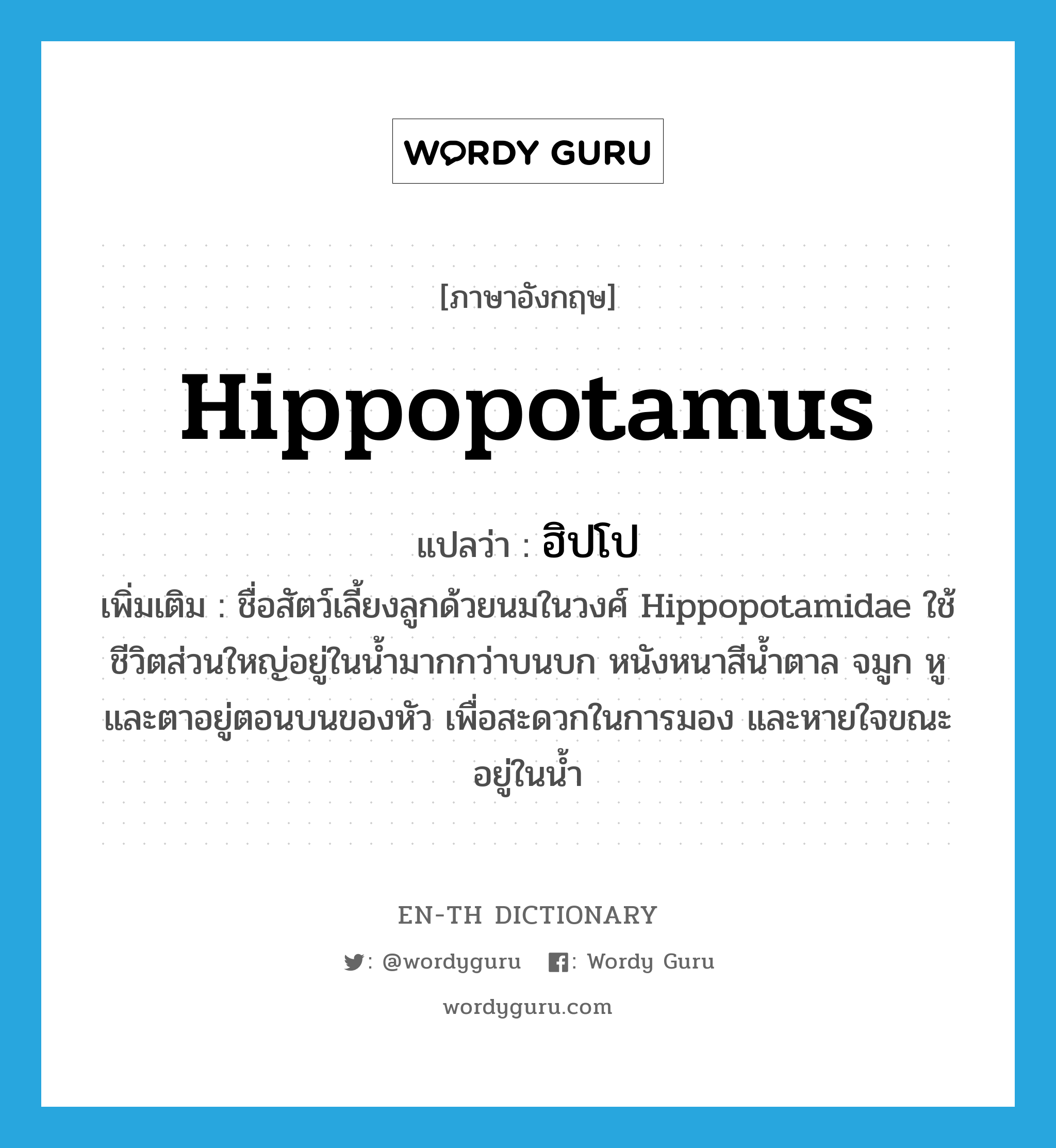 ฮิปโป ภาษาอังกฤษ?, คำศัพท์ภาษาอังกฤษ ฮิปโป แปลว่า hippopotamus ประเภท N เพิ่มเติม ชื่อสัตว์เลี้ยงลูกด้วยนมในวงศ์ Hippopotamidae ใช้ชีวิตส่วนใหญ่อยู่ในน้ำมากกว่าบนบก หนังหนาสีน้ำตาล จมูก หู และตาอยู่ตอนบนของหัว เพื่อสะดวกในการมอง และหายใจขณะอยู่ในน้ำ หมวด N