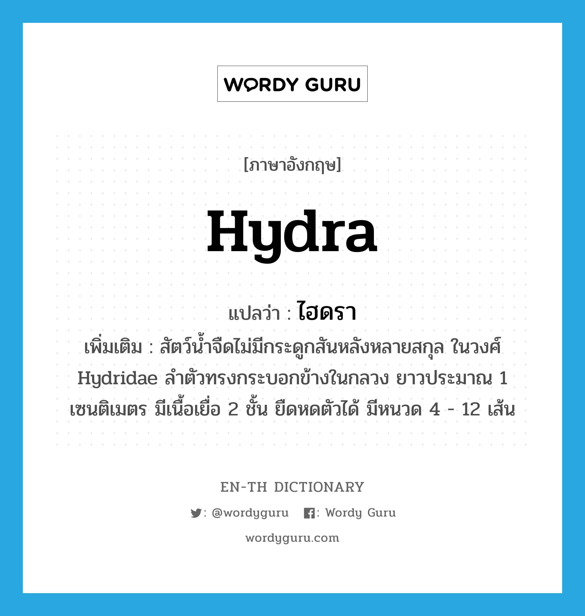 hydra แปลว่า?, คำศัพท์ภาษาอังกฤษ hydra แปลว่า ไฮดรา ประเภท N เพิ่มเติม สัตว์น้ำจืดไม่มีกระดูกสันหลังหลายสกุล ในวงศ์ Hydridae ลำตัวทรงกระบอกข้างในกลวง ยาวประมาณ 1 เซนติเมตร มีเนื้อเยื่อ 2 ชั้น ยืดหดตัวได้ มีหนวด 4 - 12 เส้น หมวด N