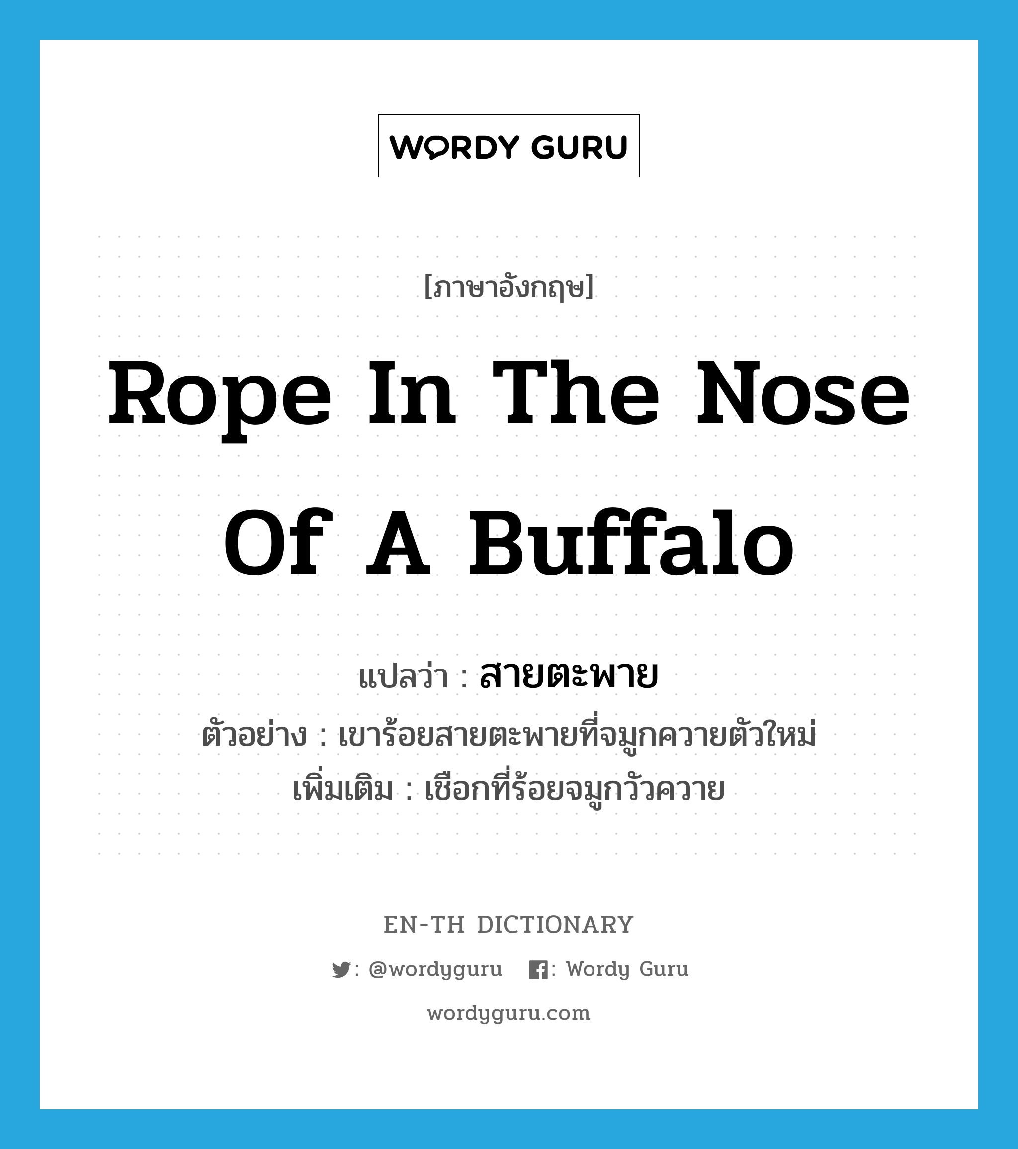 rope in the nose of a buffalo แปลว่า?, คำศัพท์ภาษาอังกฤษ rope in the nose of a buffalo แปลว่า สายตะพาย ประเภท N ตัวอย่าง เขาร้อยสายตะพายที่จมูกควายตัวใหม่ เพิ่มเติม เชือกที่ร้อยจมูกวัวควาย หมวด N