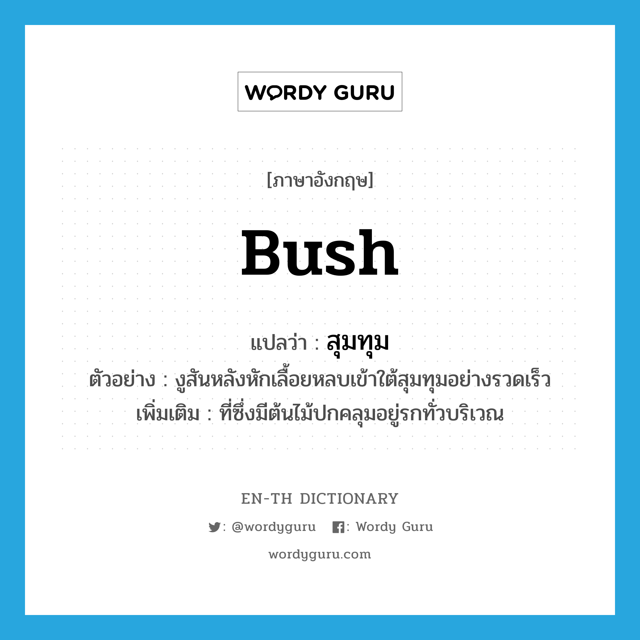 bush แปลว่า?, คำศัพท์ภาษาอังกฤษ bush แปลว่า สุมทุม ประเภท N ตัวอย่าง งูสันหลังหักเลื้อยหลบเข้าใต้สุมทุมอย่างรวดเร็ว เพิ่มเติม ที่ซึ่งมีต้นไม้ปกคลุมอยู่รกทั่วบริเวณ หมวด N
