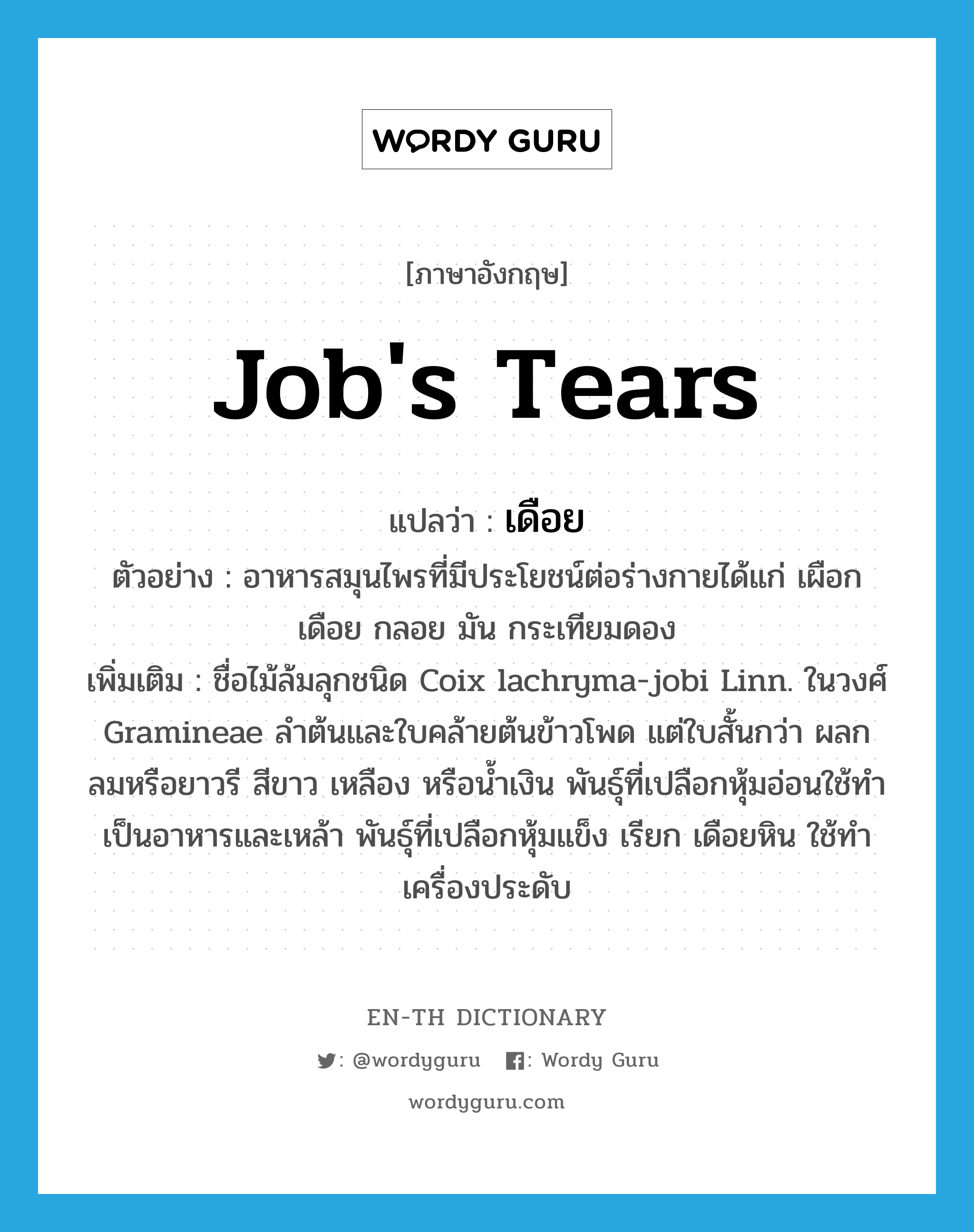 Job's tears แปลว่า?, คำศัพท์ภาษาอังกฤษ Job's tears แปลว่า เดือย ประเภท N ตัวอย่าง อาหารสมุนไพรที่มีประโยชน์ต่อร่างกายได้แก่ เผือก เดือย กลอย มัน กระเทียมดอง เพิ่มเติม ชื่อไม้ล้มลุกชนิด Coix lachryma-jobi Linn. ในวงศ์ Gramineae ลำต้นและใบคล้ายต้นข้าวโพด แต่ใบสั้นกว่า ผลกลมหรือยาวรี สีขาว เหลือง หรือน้ำเงิน พันธุ์ที่เปลือกหุ้มอ่อนใช้ทำเป็นอาหารและเหล้า พันธุ์ที่เปลือกหุ้มแข็ง เรียก เดือยหิน ใช้ทำเครื่องประดับ หมวด N