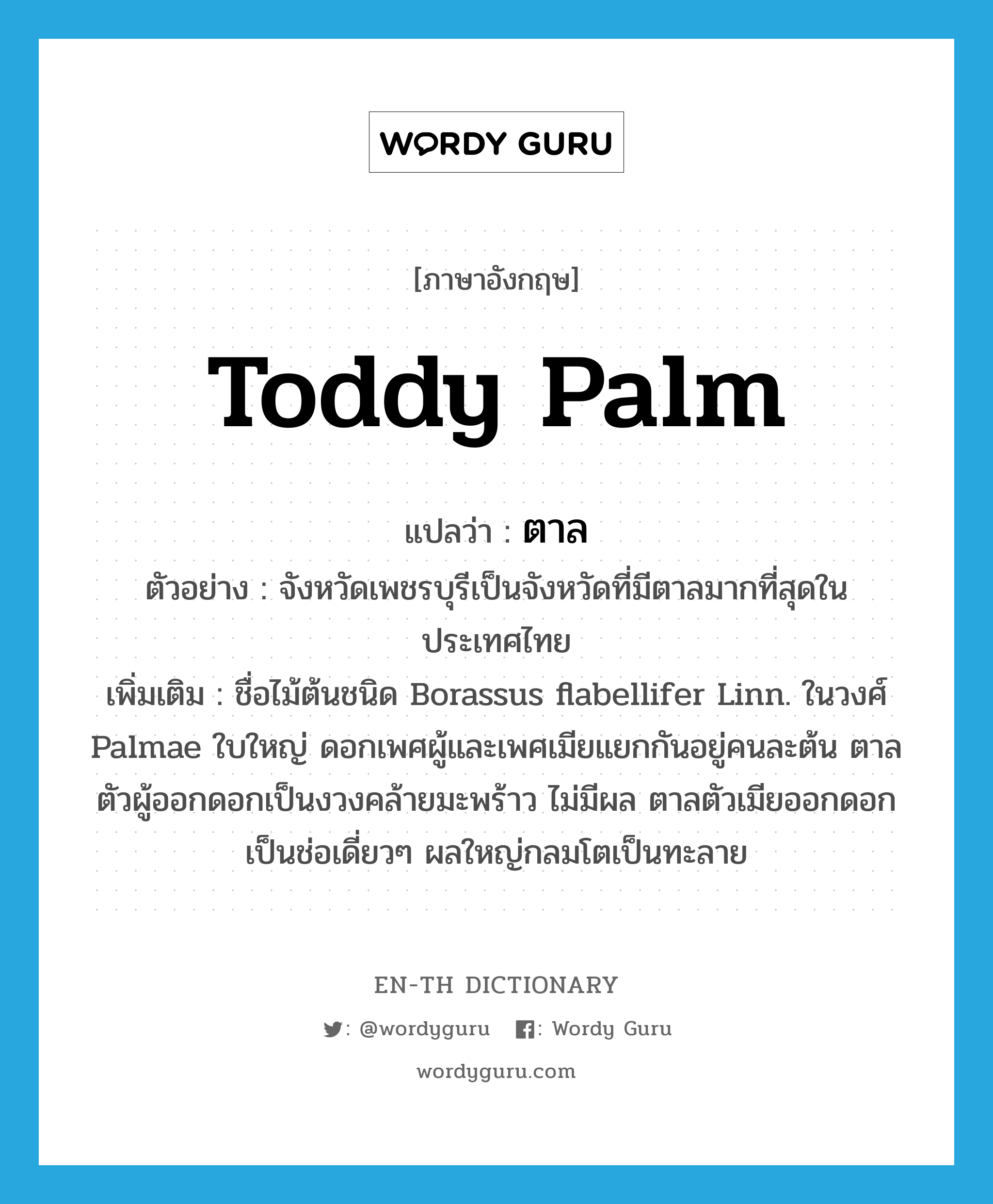 Toddy palm แปลว่า?, คำศัพท์ภาษาอังกฤษ Toddy palm แปลว่า ตาล ประเภท N ตัวอย่าง จังหวัดเพชรบุรีเป็นจังหวัดที่มีตาลมากที่สุดในประเทศไทย เพิ่มเติม ชื่อไม้ต้นชนิด Borassus flabellifer Linn. ในวงศ์ Palmae ใบใหญ่ ดอกเพศผู้และเพศเมียแยกกันอยู่คนละต้น ตาลตัวผู้ออกดอกเป็นงวงคล้ายมะพร้าว ไม่มีผล ตาลตัวเมียออกดอกเป็นช่อเดี่ยวๆ ผลใหญ่กลมโตเป็นทะลาย หมวด N