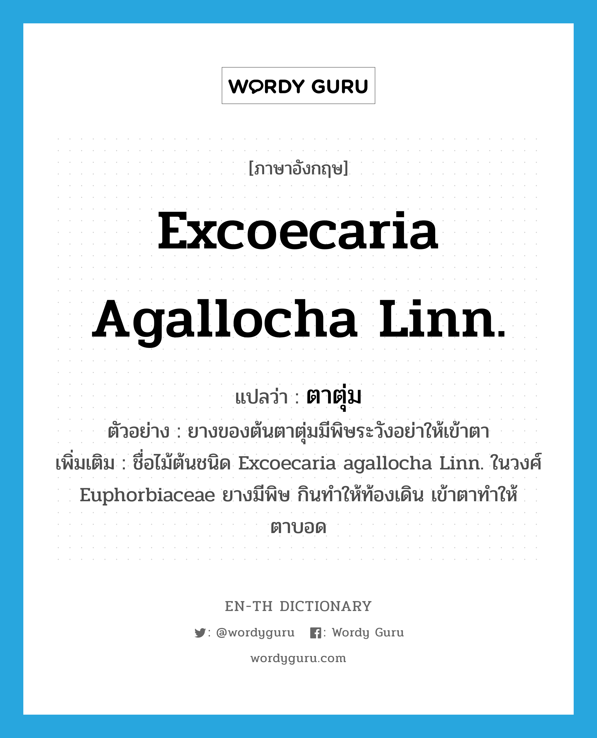 Excoecaria agallocha Linn. แปลว่า?, คำศัพท์ภาษาอังกฤษ Excoecaria agallocha Linn. แปลว่า ตาตุ่ม ประเภท N ตัวอย่าง ยางของต้นตาตุ่มมีพิษระวังอย่าให้เข้าตา เพิ่มเติม ชื่อไม้ต้นชนิด Excoecaria agallocha Linn. ในวงศ์ Euphorbiaceae ยางมีพิษ กินทำให้ท้องเดิน เข้าตาทำให้ตาบอด หมวด N