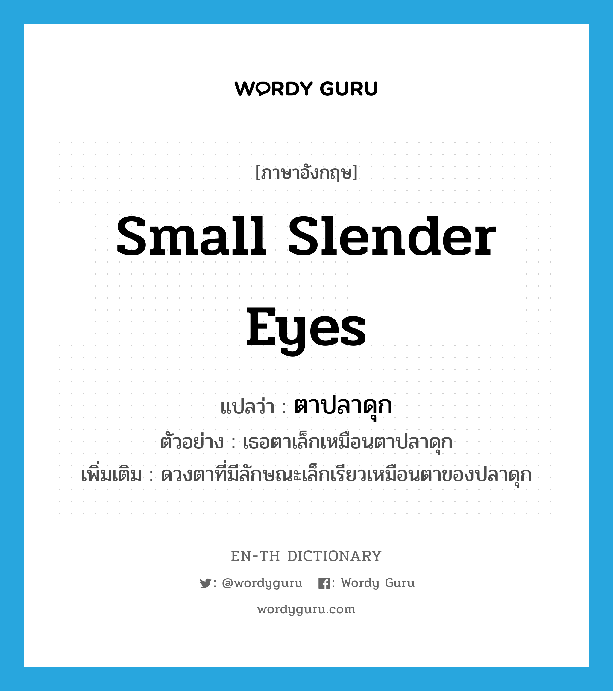 small slender eyes แปลว่า?, คำศัพท์ภาษาอังกฤษ small slender eyes แปลว่า ตาปลาดุก ประเภท N ตัวอย่าง เธอตาเล็กเหมือนตาปลาดุก เพิ่มเติม ดวงตาที่มีลักษณะเล็กเรียวเหมือนตาของปลาดุก หมวด N
