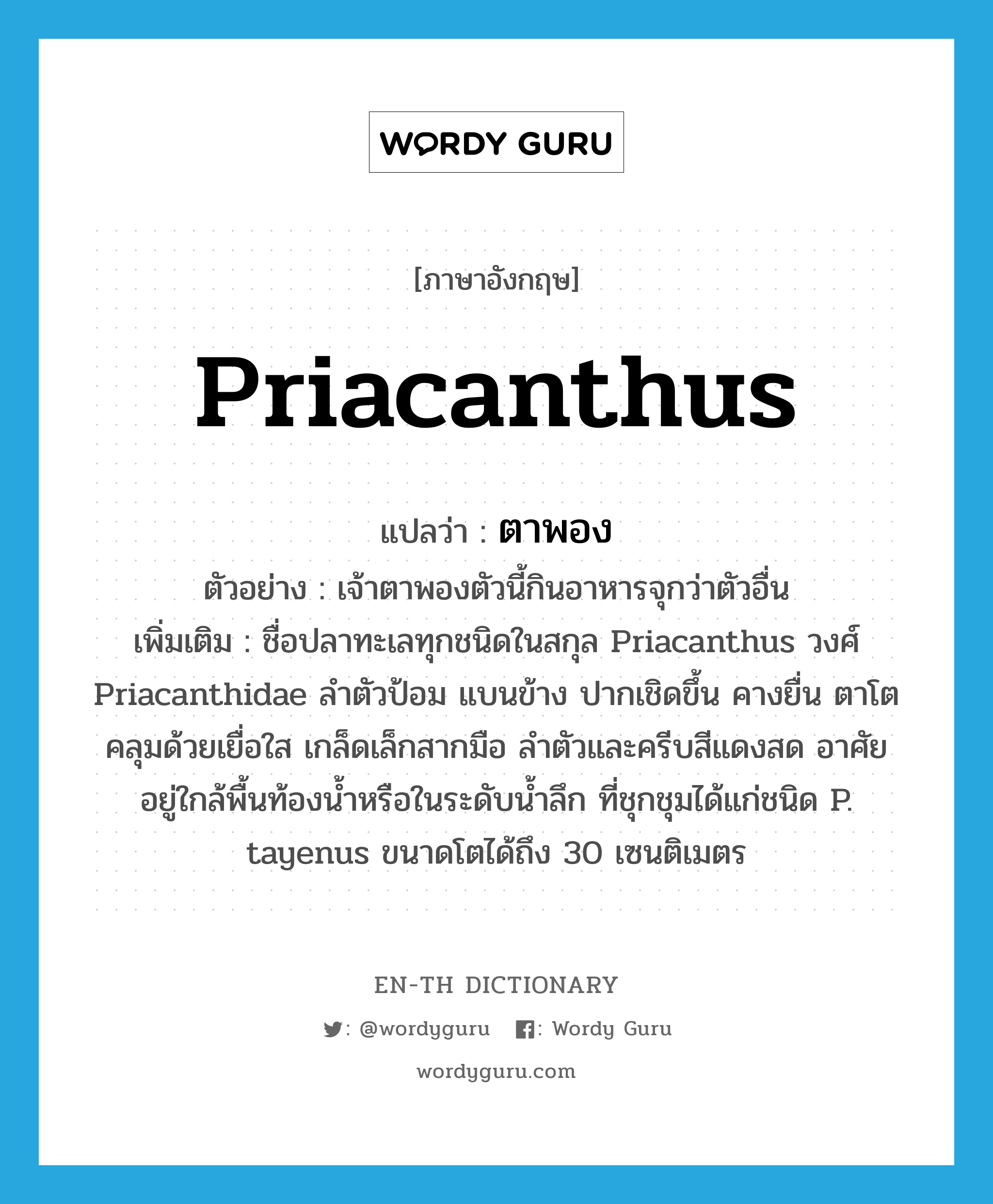 Priacanthus แปลว่า?, คำศัพท์ภาษาอังกฤษ Priacanthus แปลว่า ตาพอง ประเภท N ตัวอย่าง เจ้าตาพองตัวนี้กินอาหารจุกว่าตัวอื่น เพิ่มเติม ชื่อปลาทะเลทุกชนิดในสกุล Priacanthus วงศ์ Priacanthidae ลำตัวป้อม แบนข้าง ปากเชิดขึ้น คางยื่น ตาโตคลุมด้วยเยื่อใส เกล็ดเล็กสากมือ ลำตัวและครีบสีแดงสด อาศัยอยู่ใกล้พื้นท้องน้ำหรือในระดับน้ำลึก ที่ชุกชุมได้แก่ชนิด P. tayenus ขนาดโตได้ถึง 30 เซนติเมตร หมวด N