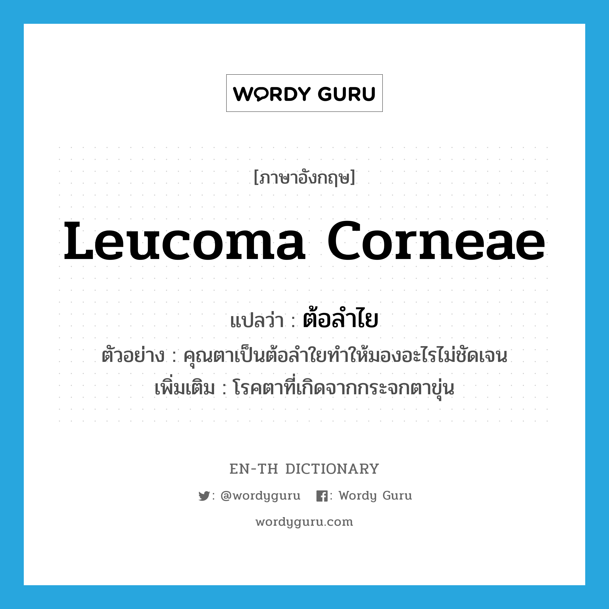 leucoma corneae แปลว่า?, คำศัพท์ภาษาอังกฤษ leucoma corneae แปลว่า ต้อลำไย ประเภท N ตัวอย่าง คุณตาเป็นต้อลำใยทำให้มองอะไรไม่ชัดเจน เพิ่มเติม โรคตาที่เกิดจากกระจกตาขุ่น หมวด N