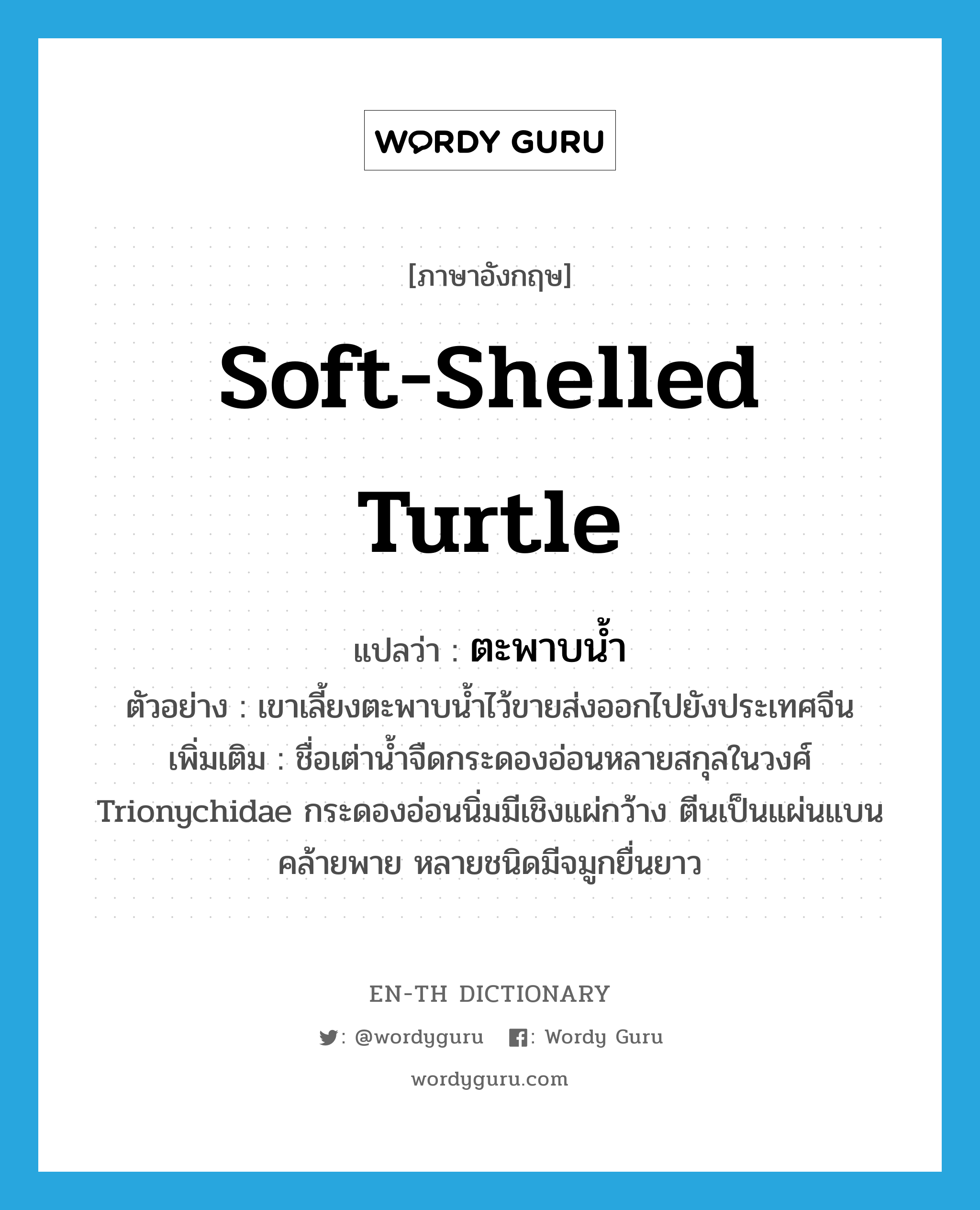soft-shelled turtle แปลว่า?, คำศัพท์ภาษาอังกฤษ soft-shelled turtle แปลว่า ตะพาบน้ำ ประเภท N ตัวอย่าง เขาเลี้ยงตะพาบน้ำไว้ขายส่งออกไปยังประเทศจีน เพิ่มเติม ชื่อเต่าน้ำจืดกระดองอ่อนหลายสกุลในวงศ์ Trionychidae กระดองอ่อนนิ่มมีเชิงแผ่กว้าง ตีนเป็นแผ่นแบนคล้ายพาย หลายชนิดมีจมูกยื่นยาว หมวด N