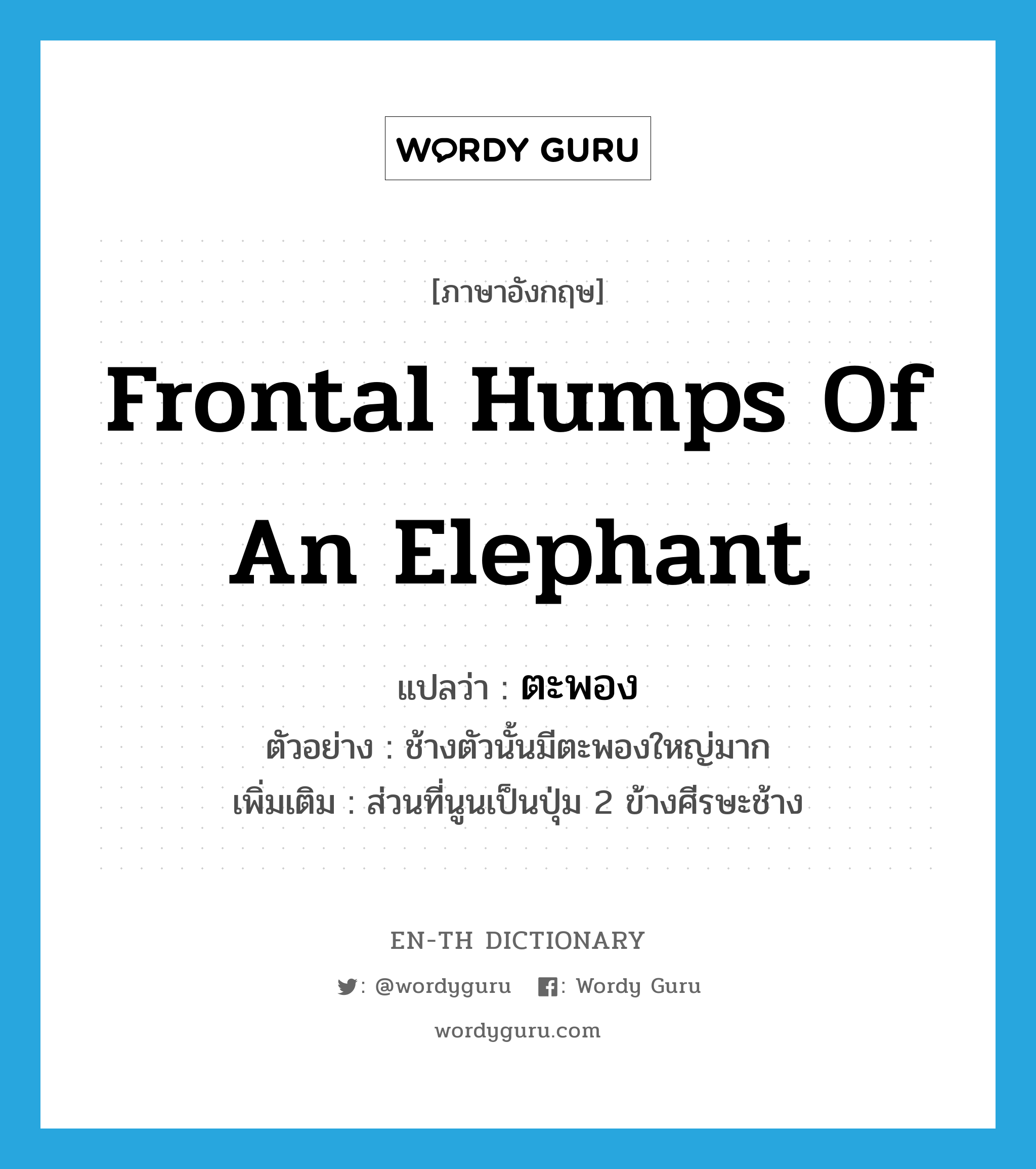 frontal humps of an elephant แปลว่า?, คำศัพท์ภาษาอังกฤษ frontal humps of an elephant แปลว่า ตะพอง ประเภท N ตัวอย่าง ช้างตัวนั้นมีตะพองใหญ่มาก เพิ่มเติม ส่วนที่นูนเป็นปุ่ม 2 ข้างศีรษะช้าง หมวด N