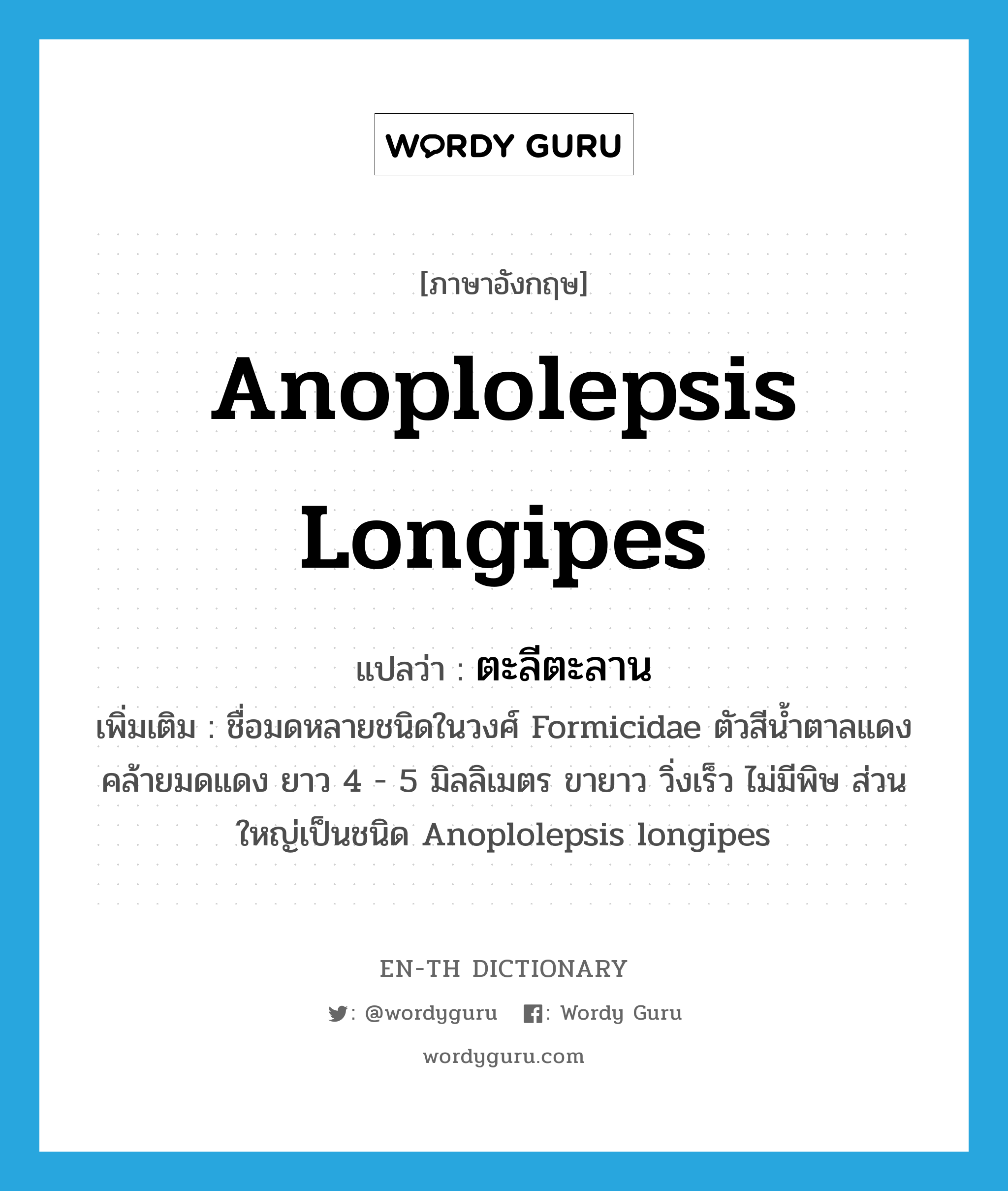 Anoplolepsis longipes แปลว่า?, คำศัพท์ภาษาอังกฤษ Anoplolepsis longipes แปลว่า ตะลีตะลาน ประเภท N เพิ่มเติม ชื่อมดหลายชนิดในวงศ์ Formicidae ตัวสีน้ำตาลแดงคล้ายมดแดง ยาว 4 - 5 มิลลิเมตร ขายาว วิ่งเร็ว ไม่มีพิษ ส่วนใหญ่เป็นชนิด Anoplolepsis longipes หมวด N